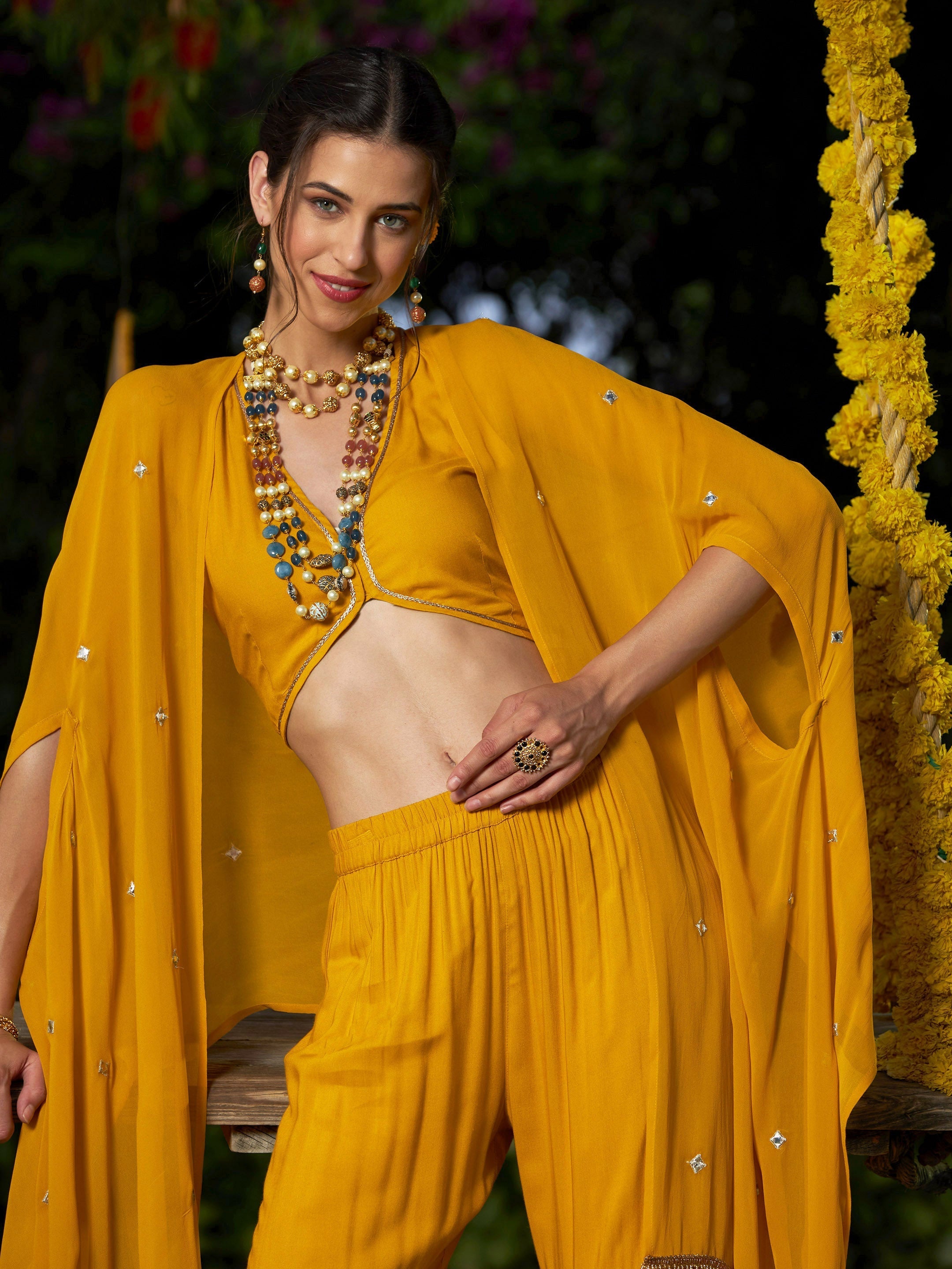 Women's Yellow Crop Top With Tiered Sharara And Emb Cape - SASSAFRAS