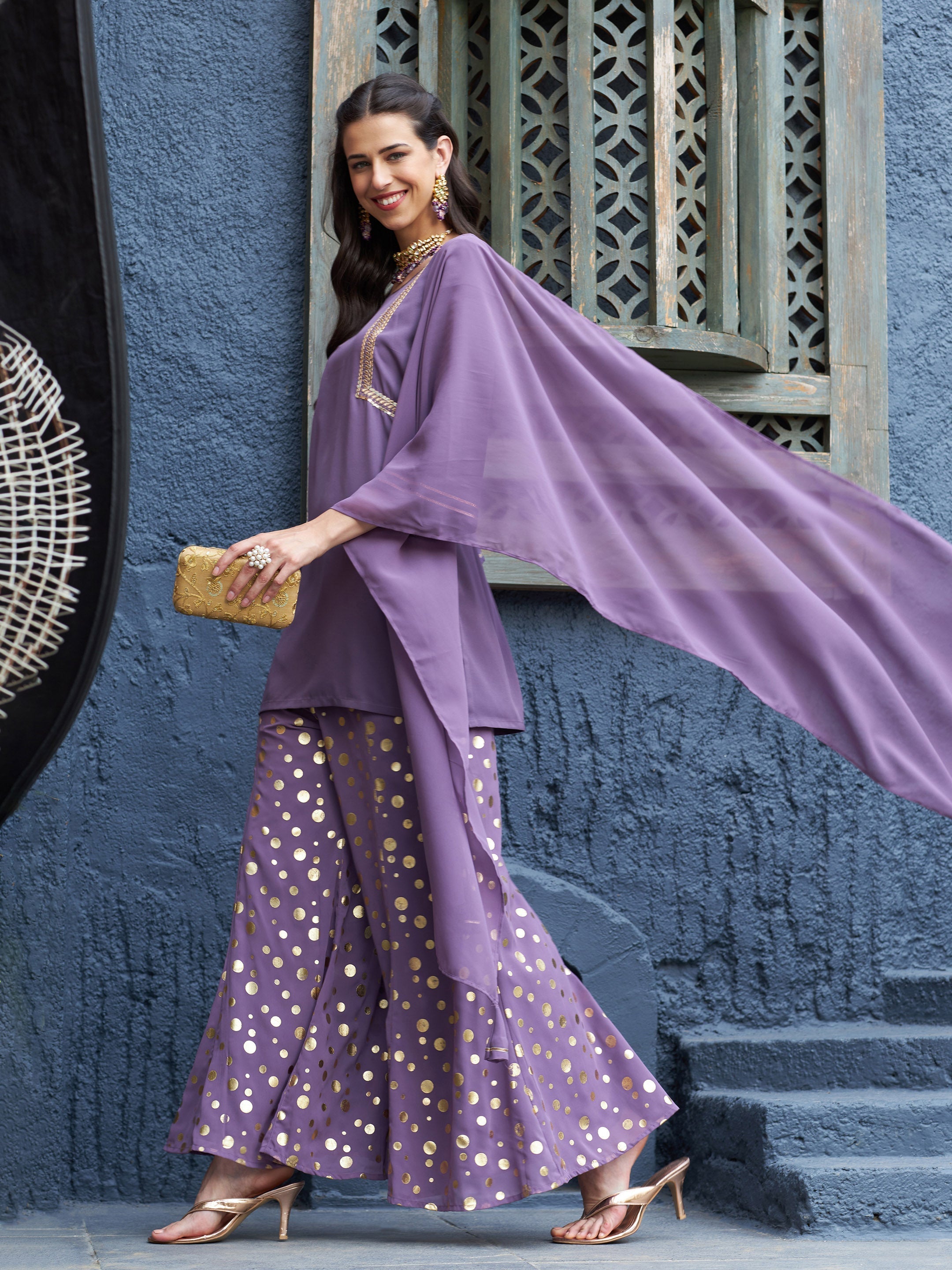 Women's Purple Emb Short Kurta With Foil Palazzo And Dupatta - SASSAFRAS