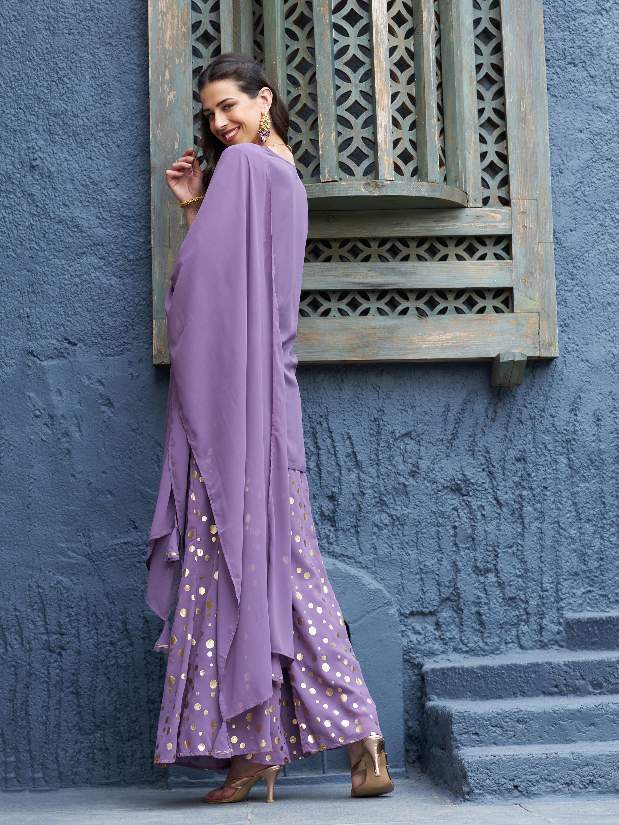 Women's Purple Emb Short Kurta With Foil Palazzo And Dupatta - SASSAFRAS