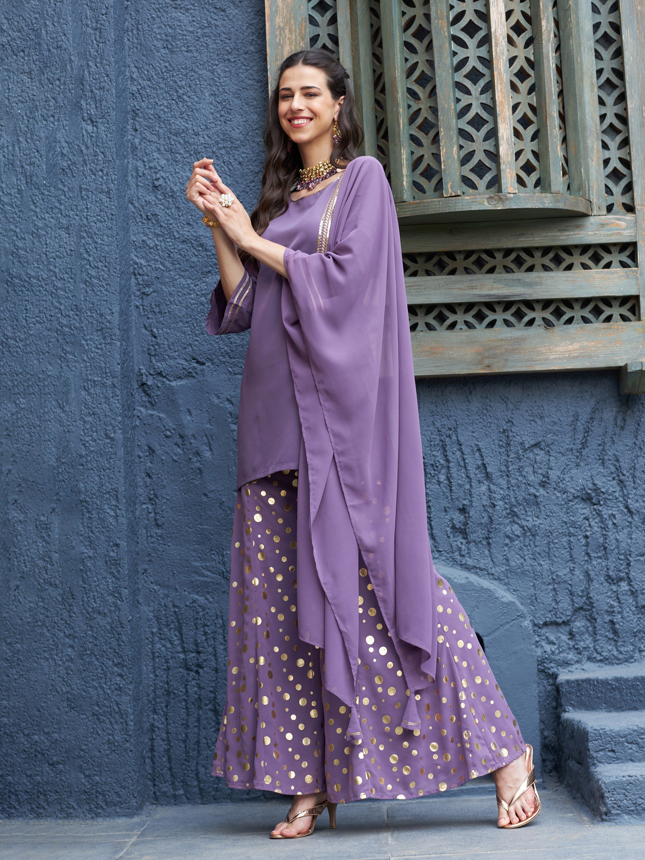 Women's Purple Emb Short Kurta With Foil Palazzo And Dupatta - Lyush