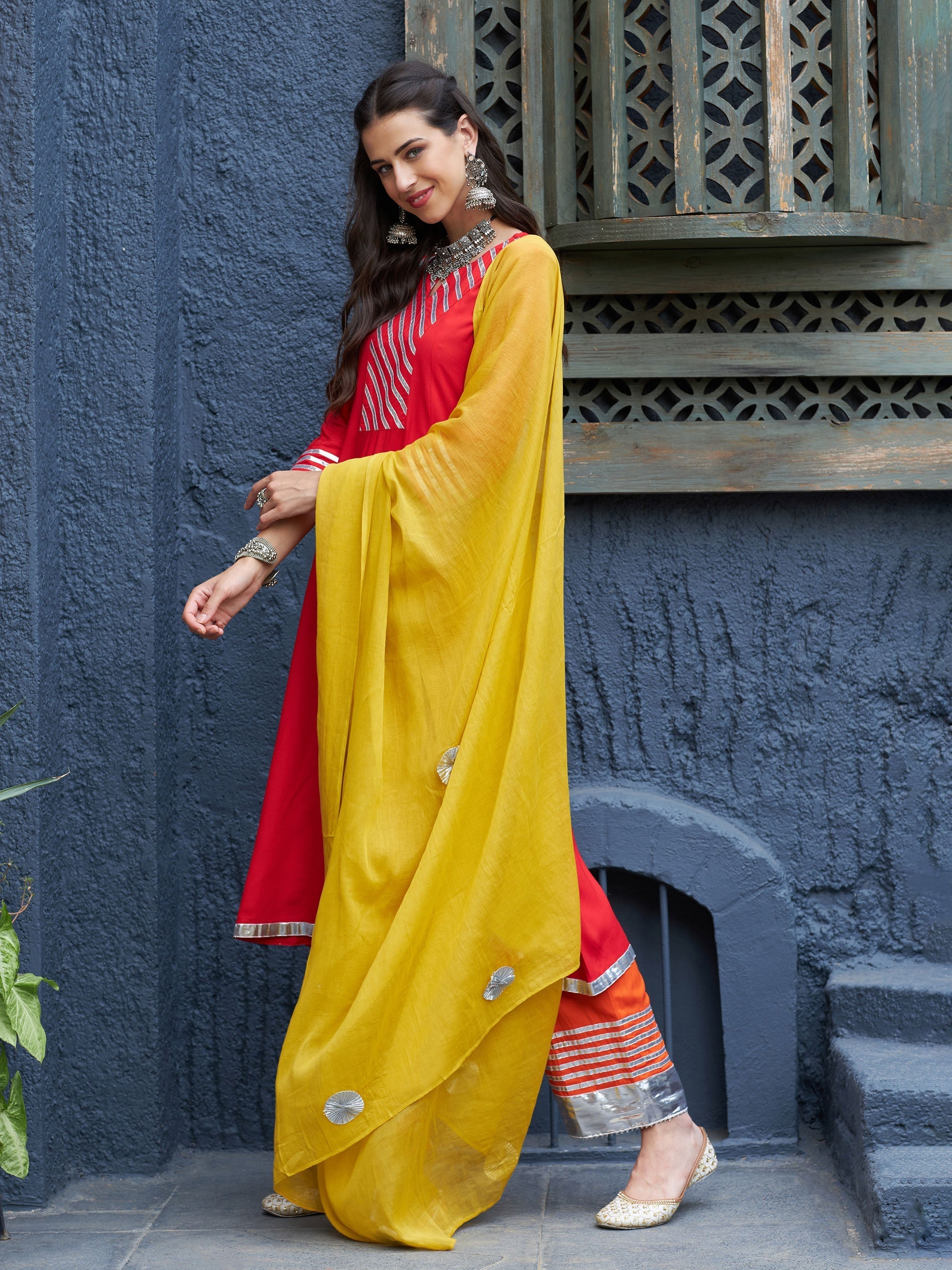 Women's Red & Orange Gota Detail Anarkali Kurta Set With Mustard Dupatta - Lyush