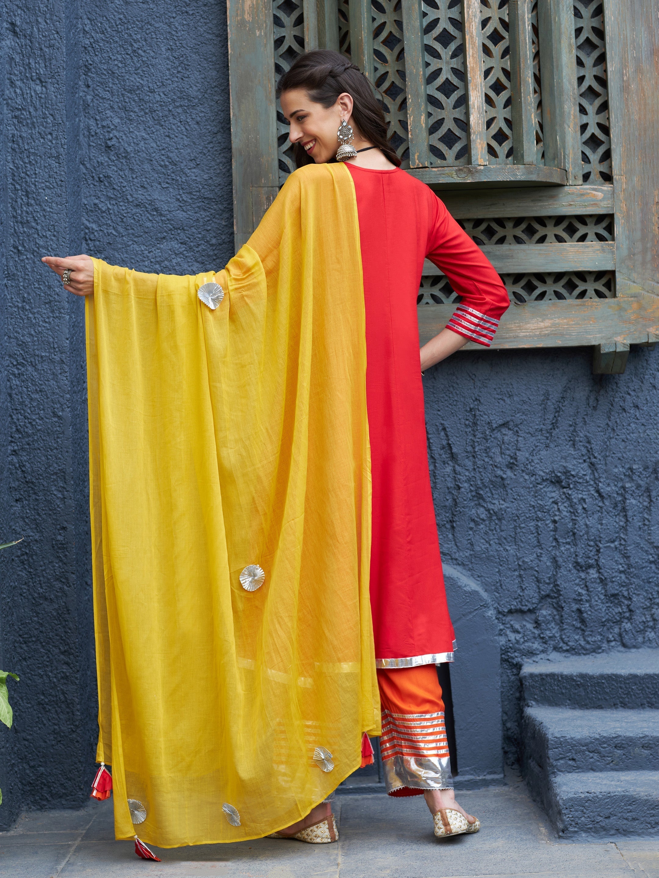 Women's Red & Orange Gota Detail Anarkali Kurta Set With Mustard Dupatta - Lyush