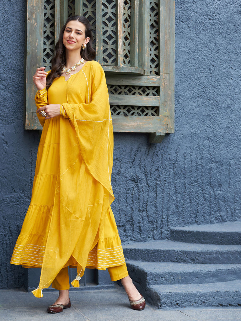 Women's Mustard Tiered Kurta Set With Gota Dupatta