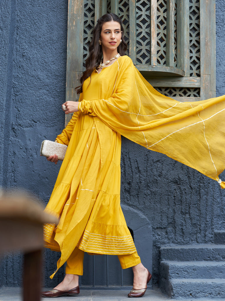 Women's Mustard Tiered Kurta Set With Gota Dupatta