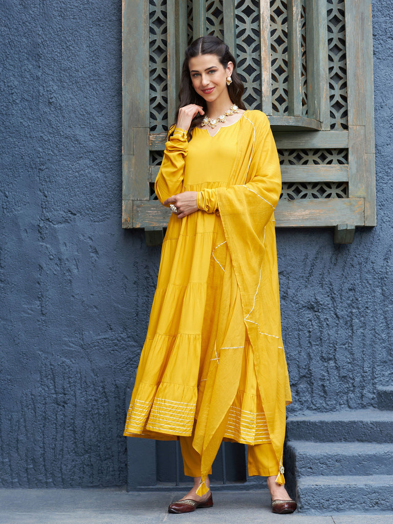 Women's Mustard Tiered Kurta Set With Gota Dupatta