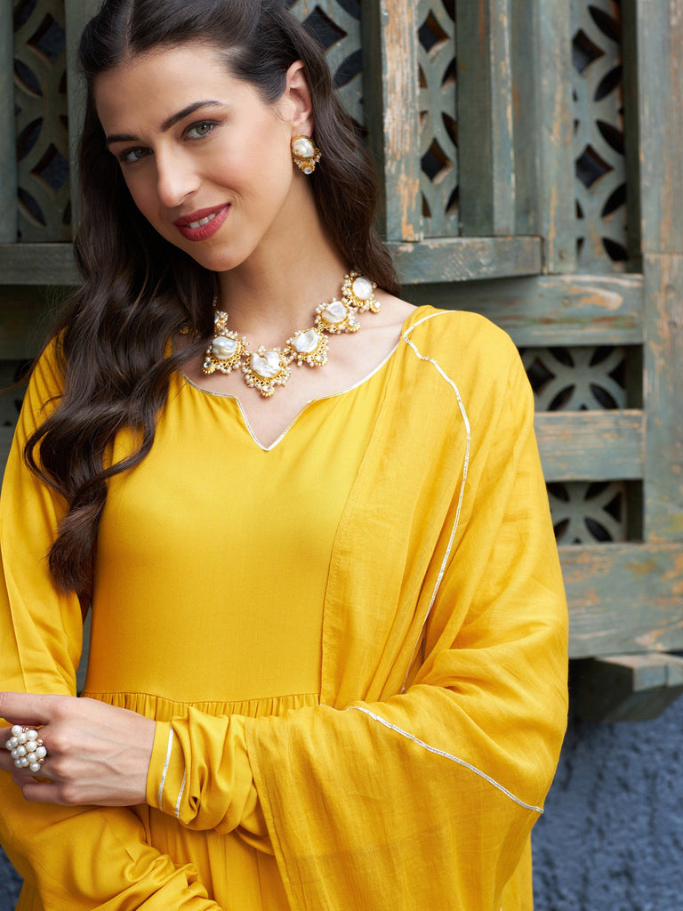 Women's Mustard Tiered Kurta Set With Gota Dupatta