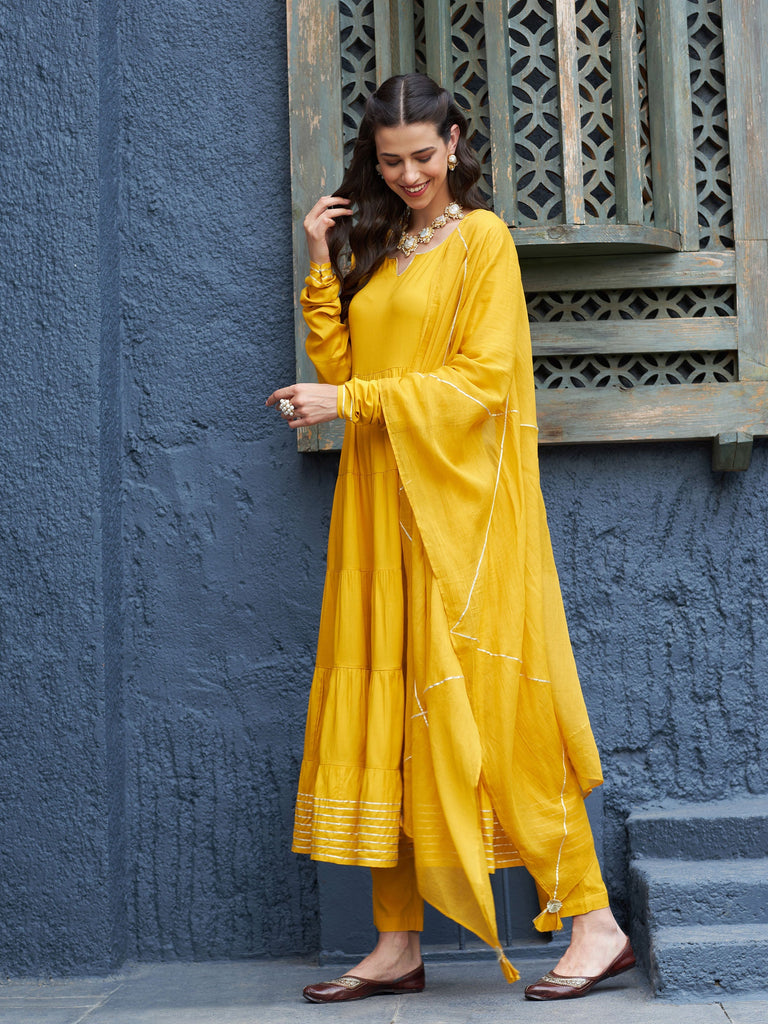 Women's Mustard Tiered Kurta Set With Gota Dupatta