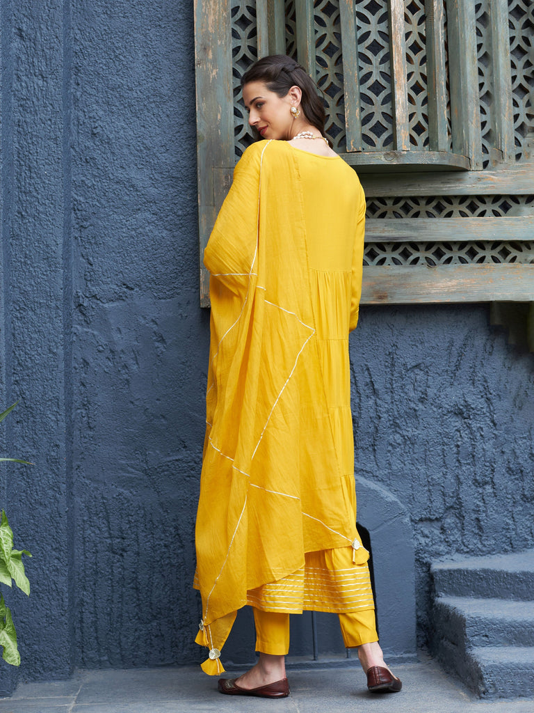 Women's Mustard Tiered Kurta Set With Gota Dupatta