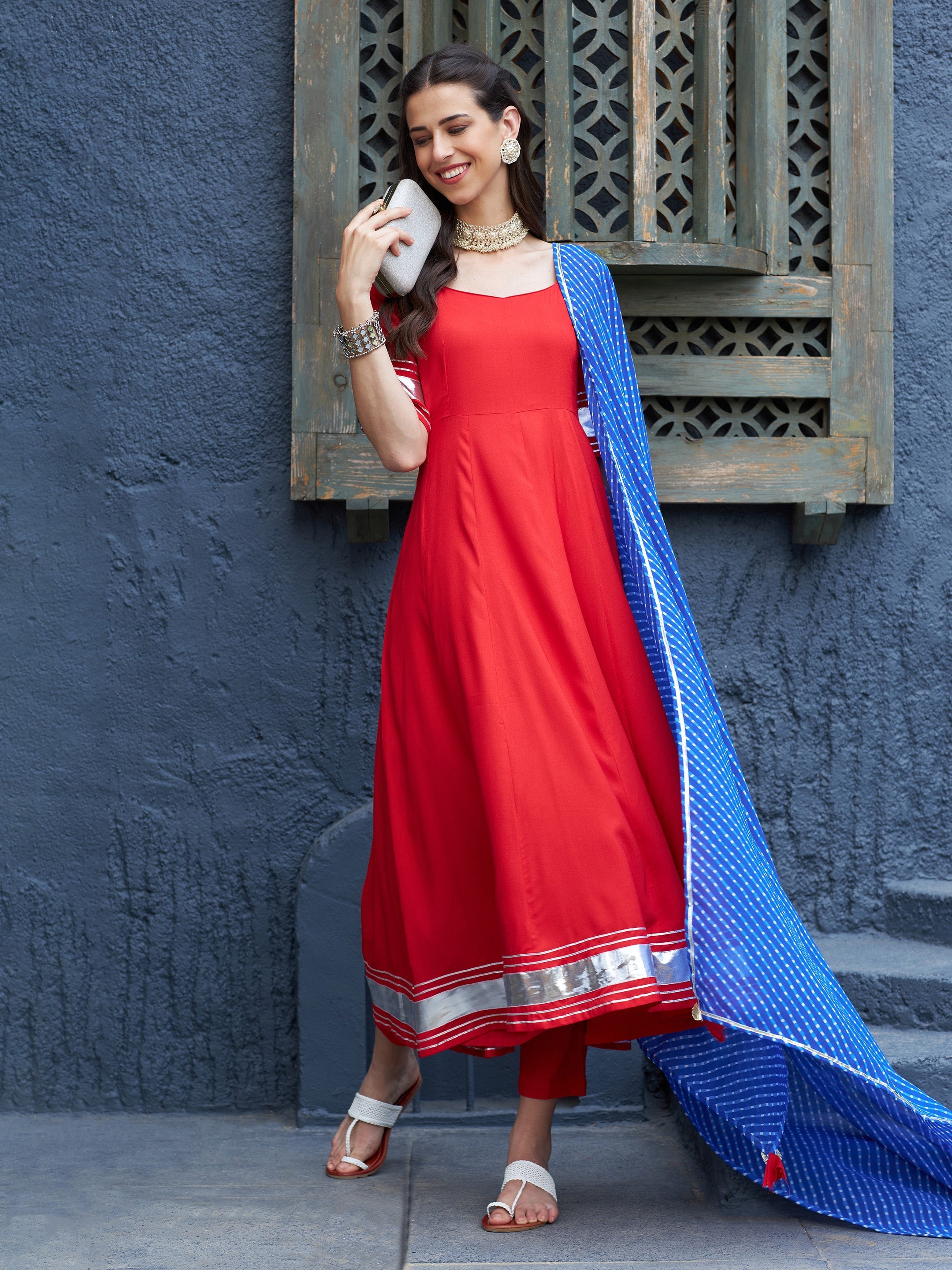 Women's Red Anarkali Kurta Set With Blue Lehariya Dupatta - SASSAFRAS