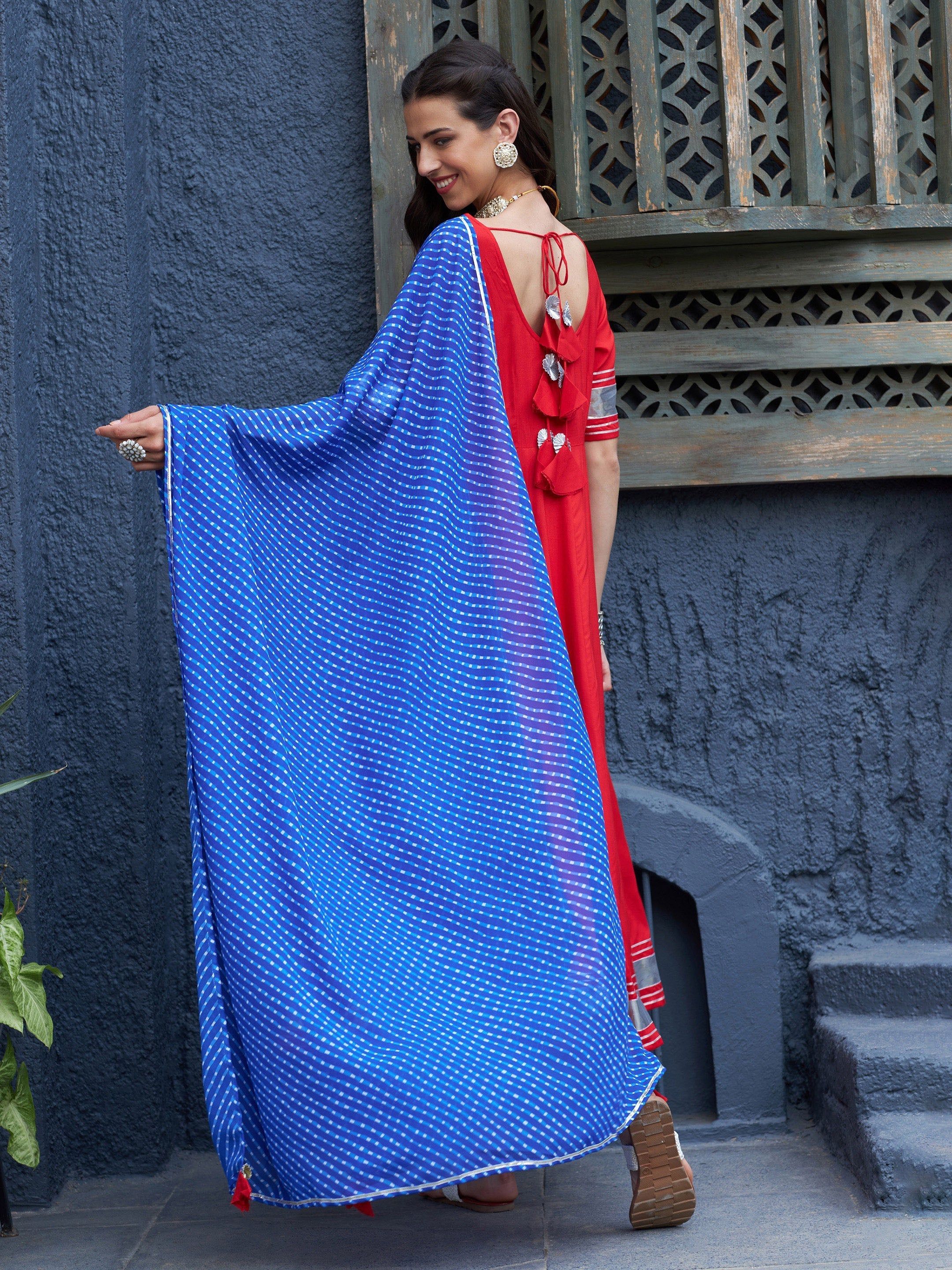 Women's Red Anarkali Kurta Set With Blue Lehariya Dupatta - SASSAFRAS