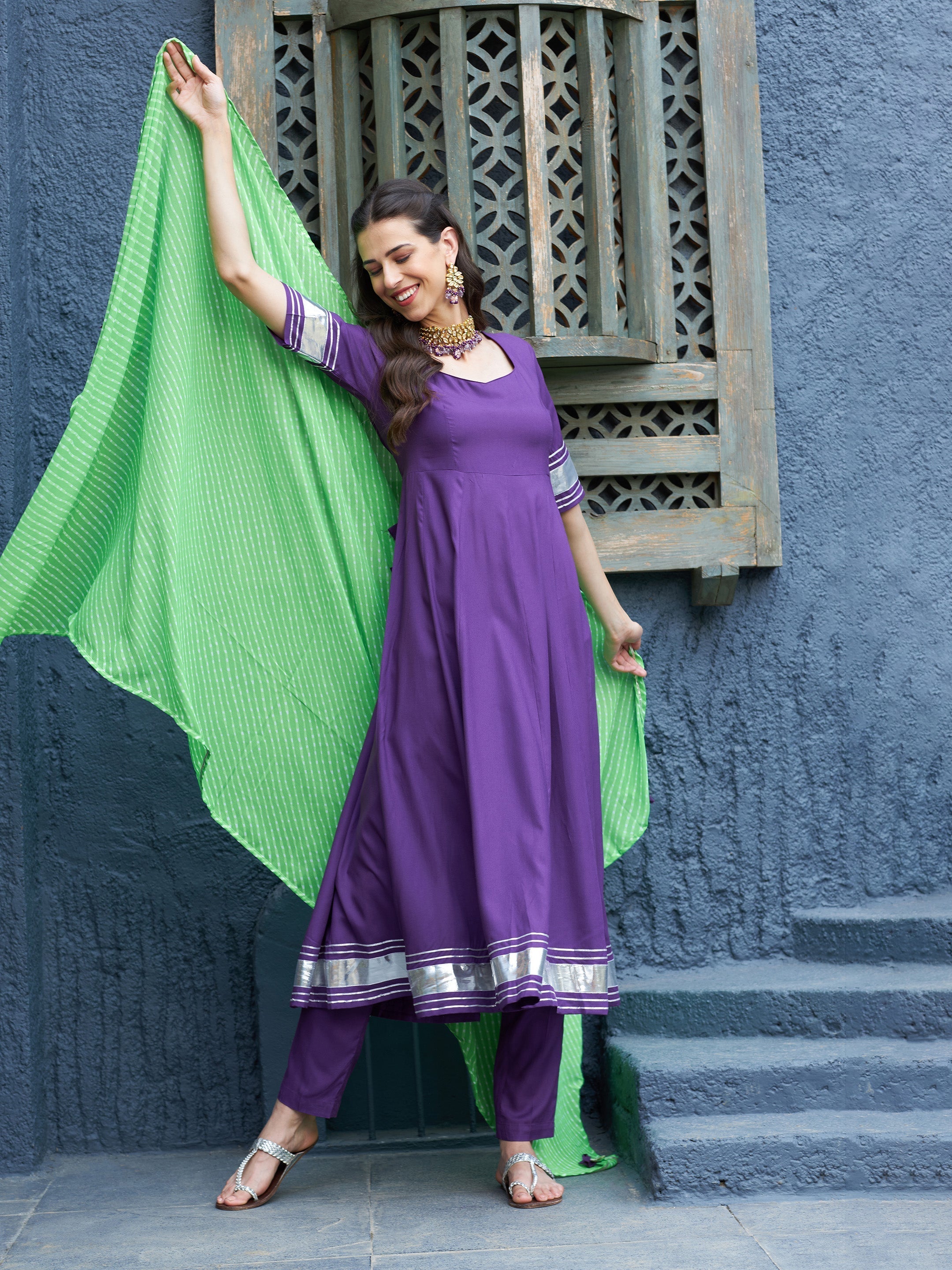 Women's Purple Anarkali Kurta Set With Green Lehariya Dupatta - Lyush