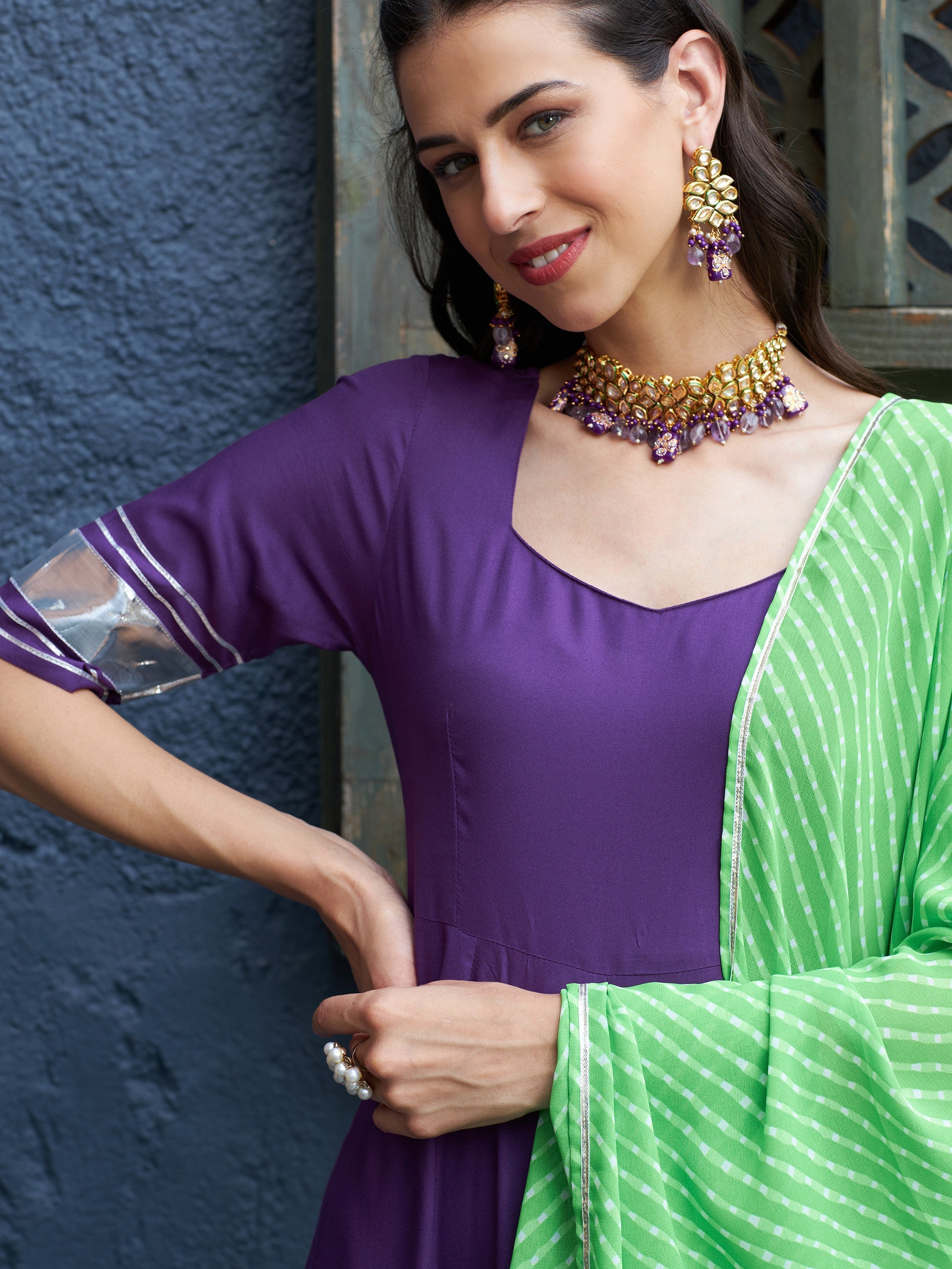 Women's Purple Anarkali Kurta Set With Green Lehariya Dupatta - SASSAFRAS