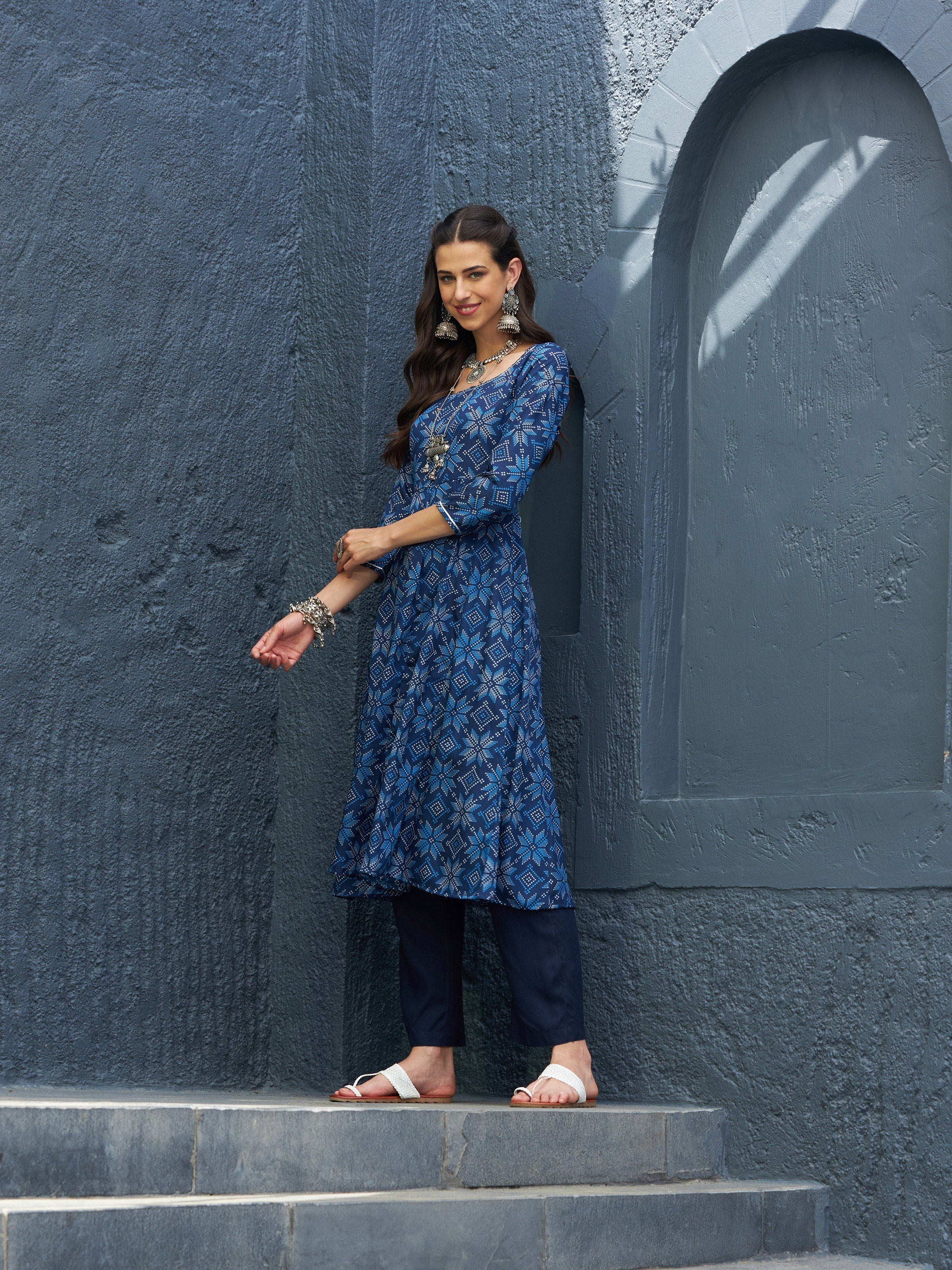 Women's Blue Floral Anarkali Kurta With Navy Pants - SASSAFRAS