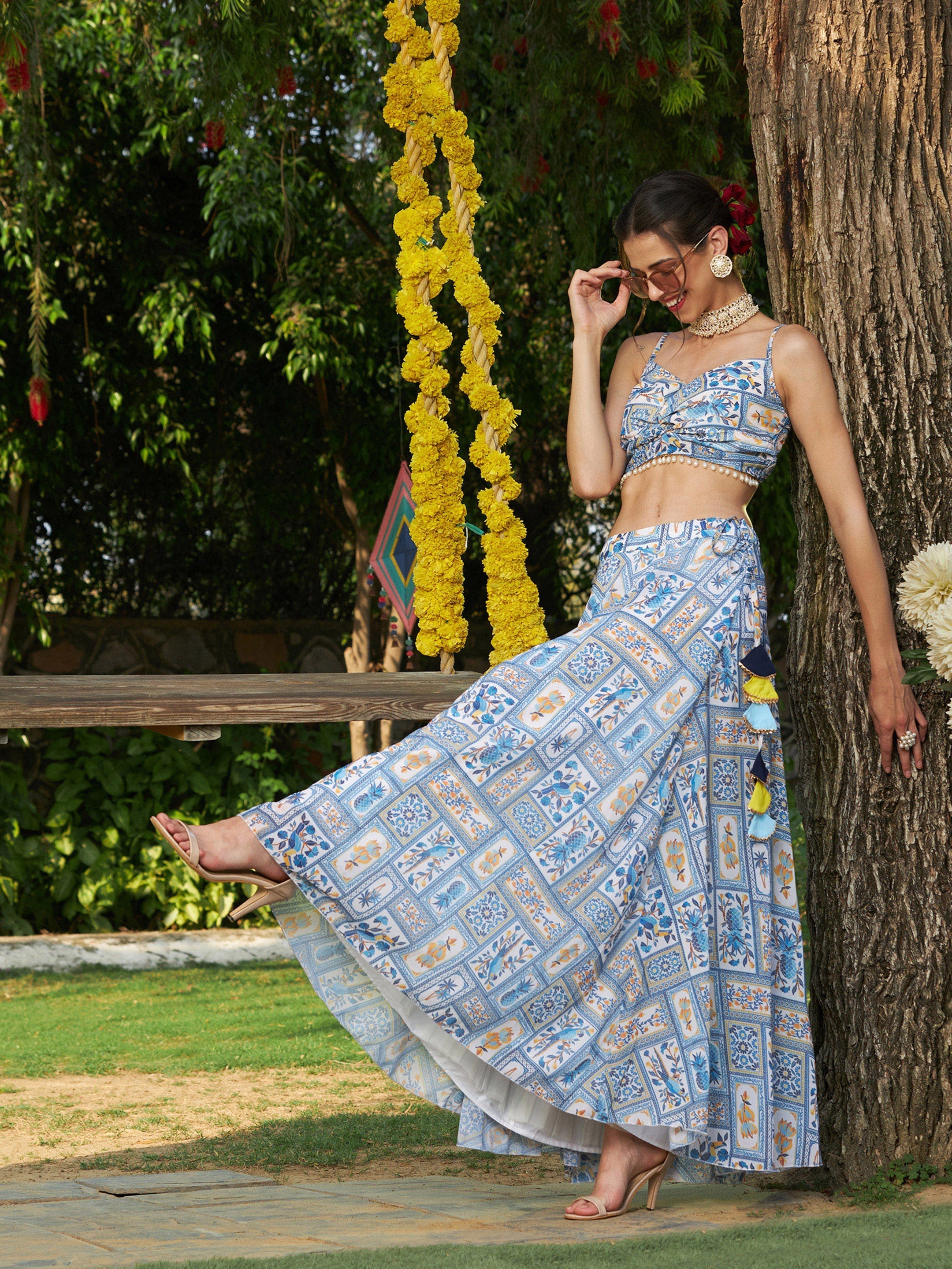 Women's Blue Floral Strappy Crop Top With Bias Flared Skirt - SASSAFRAS