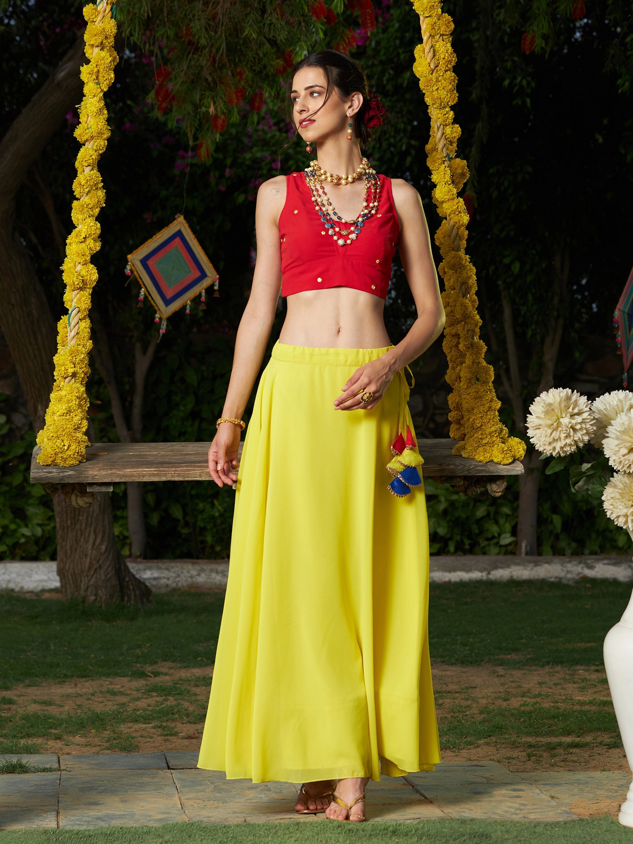 Women's Red Embroidered Crop Top With Yellow Flared Skirt - SASSAFRAS