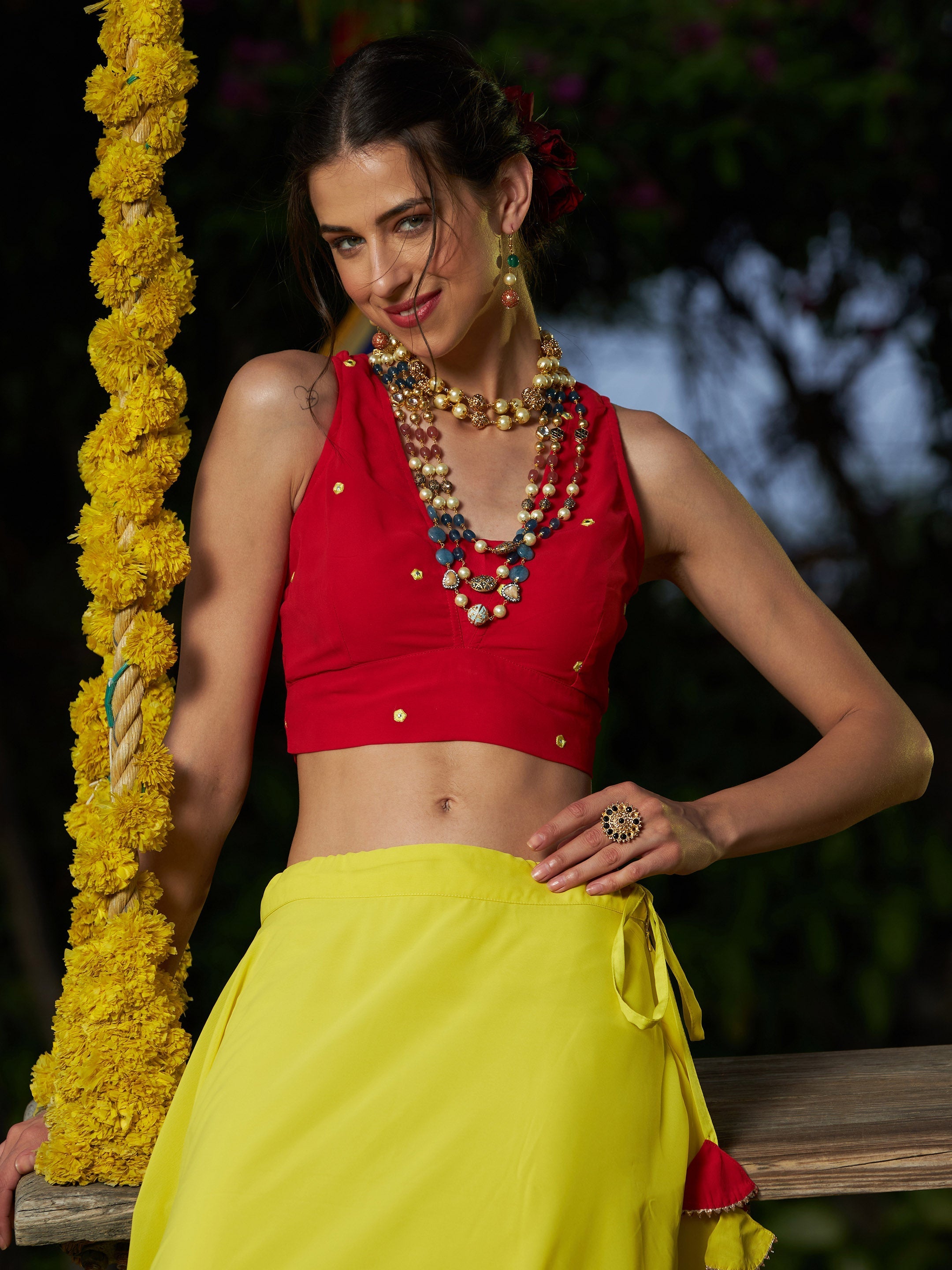 Women's Red Embroidered Crop Top With Yellow Flared Skirt - SASSAFRAS