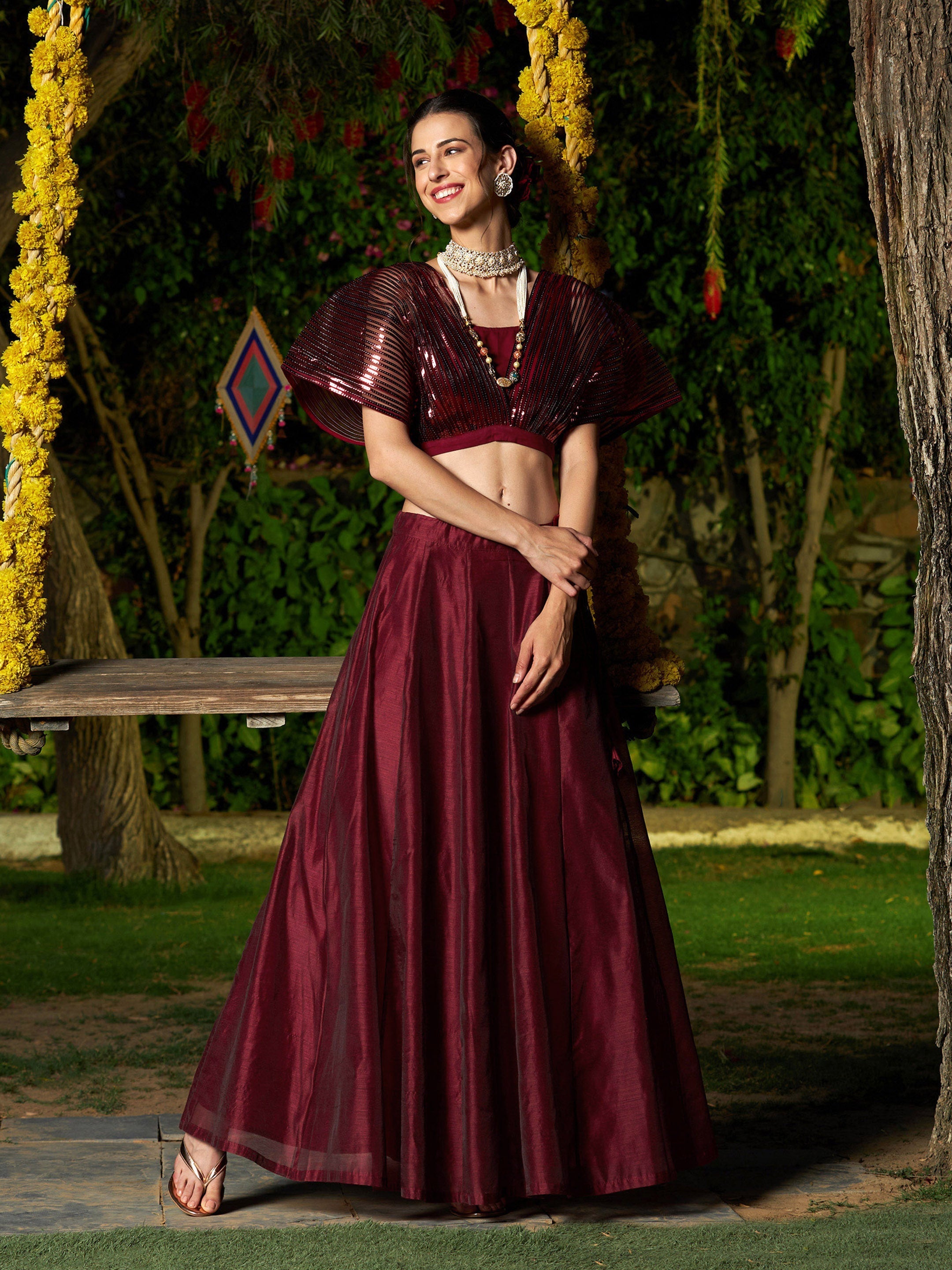 Women's Maroon Mesh Mettalic Detail Top with Chanderi Skirt - SASSAFRAS