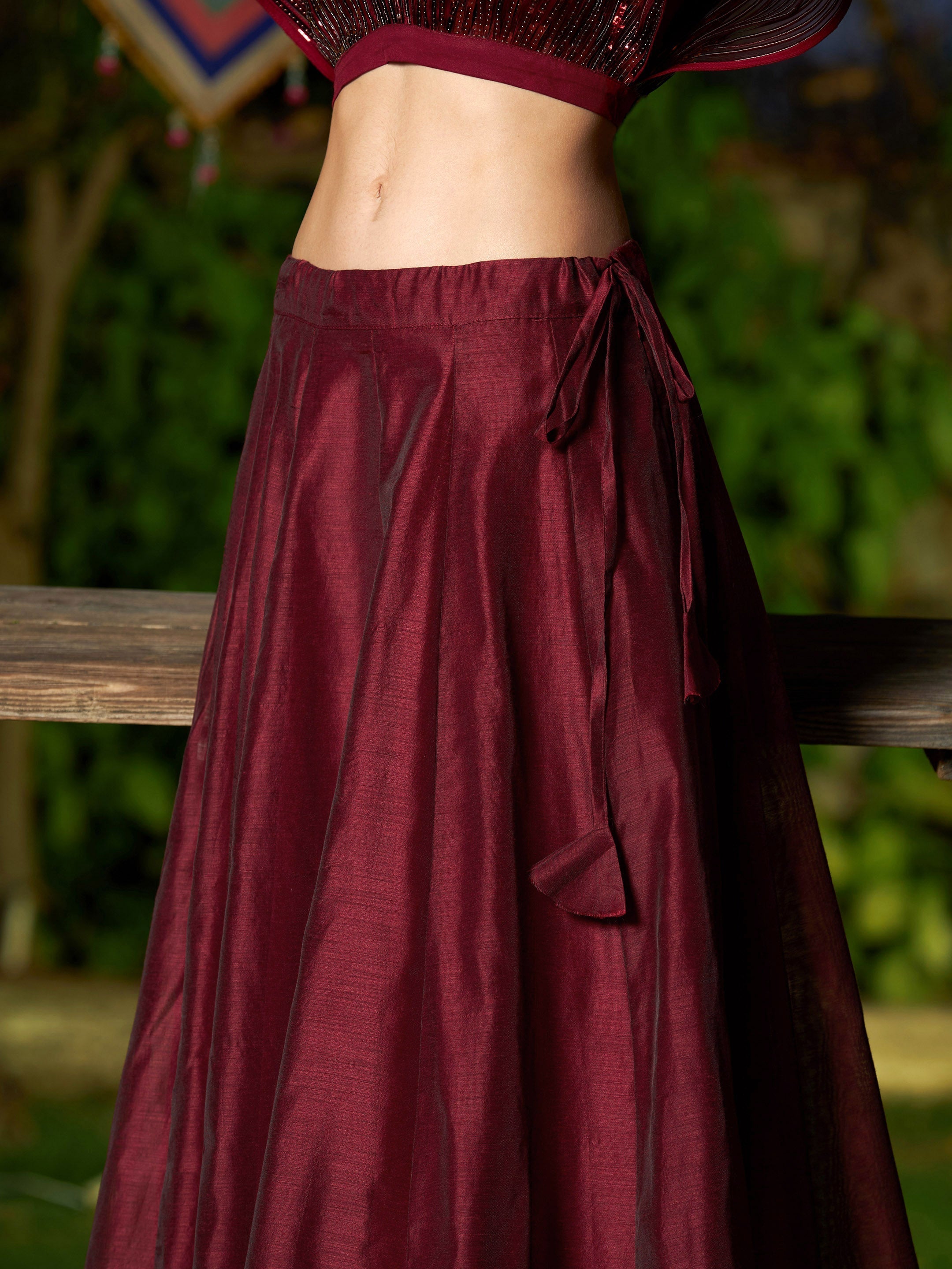Women's Maroon Mesh Mettalic Detail Top with Chanderi Skirt - SASSAFRAS