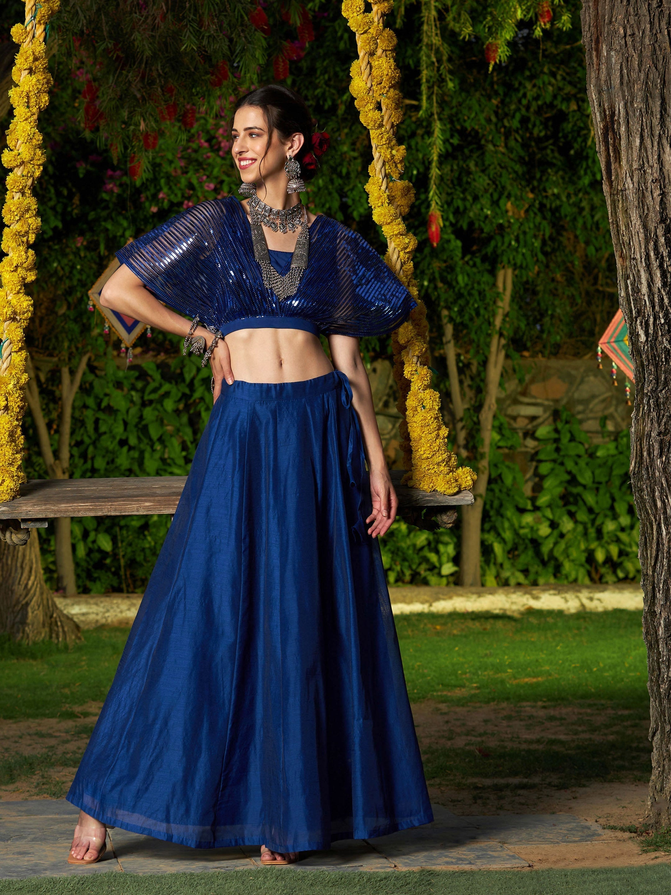 Women's Blue Mesh Mettalic Detail Top with Chanderi Skirt - Lyush