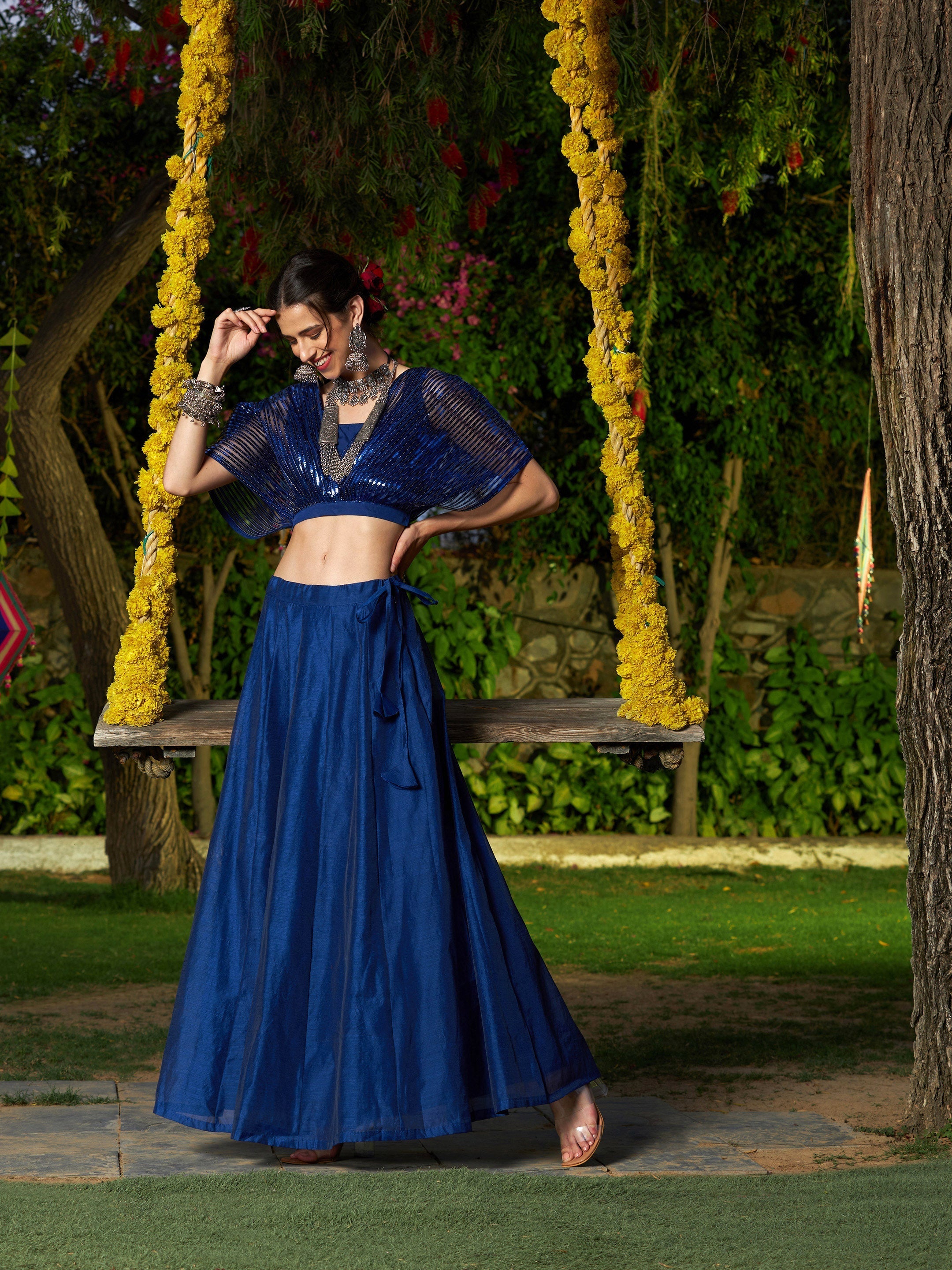 Women's Blue Mesh Mettalic Detail Top with Chanderi Skirt - SASSAFRAS