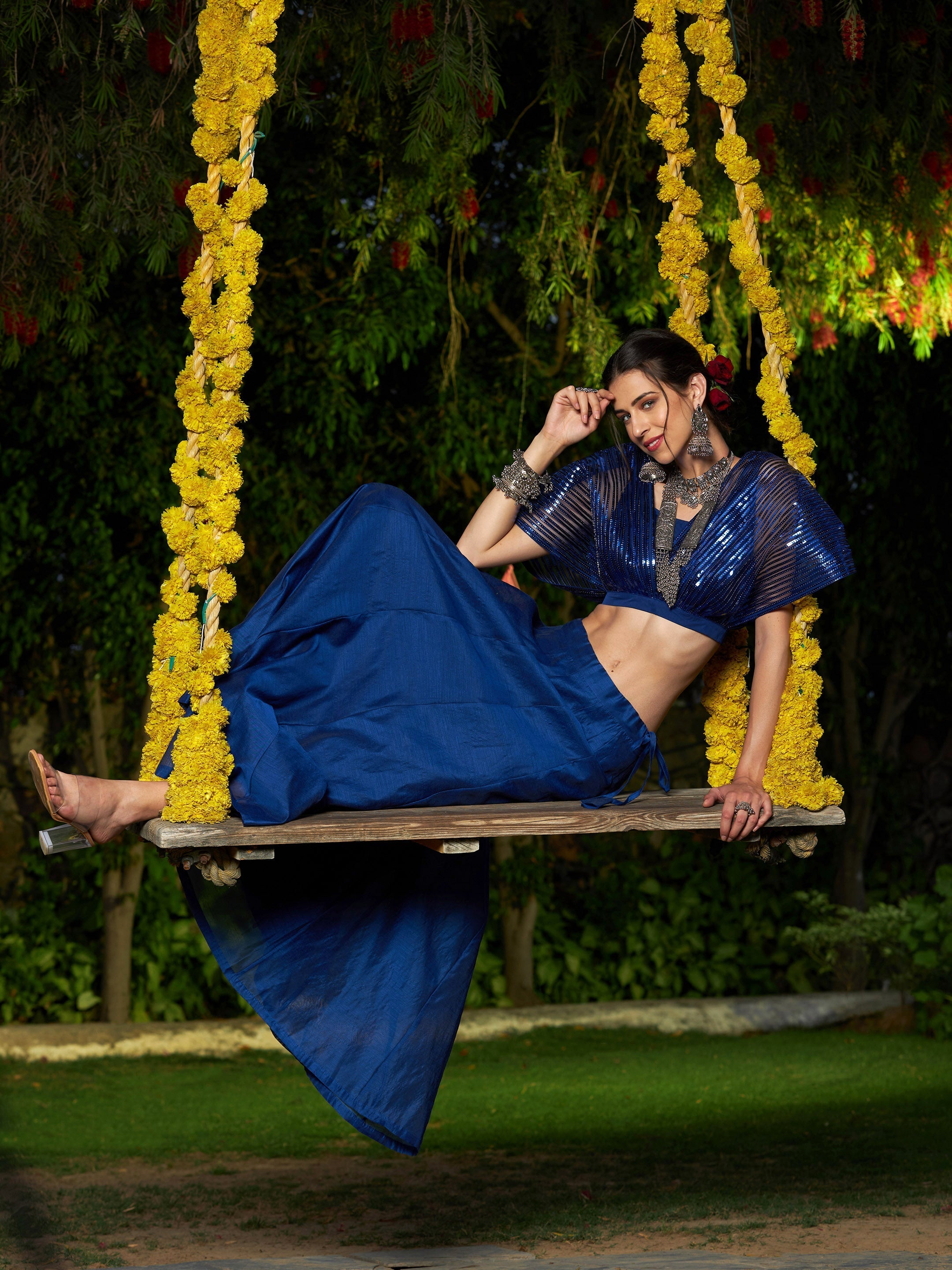 Women's Blue Mesh Mettalic Detail Top with Chanderi Skirt - SASSAFRAS