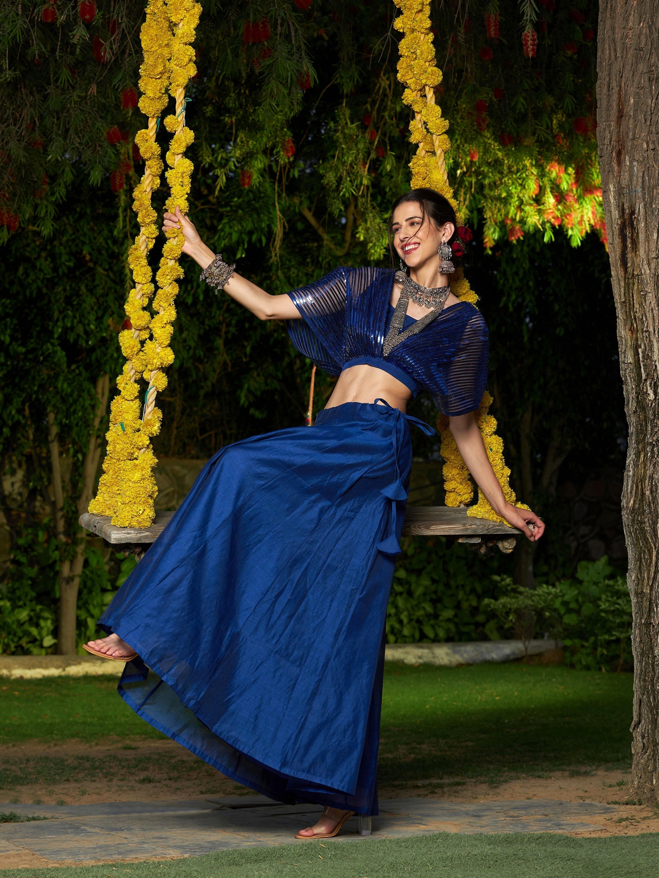 Women's Blue Mesh Mettalic Detail Top with Chanderi Skirt - Lyush