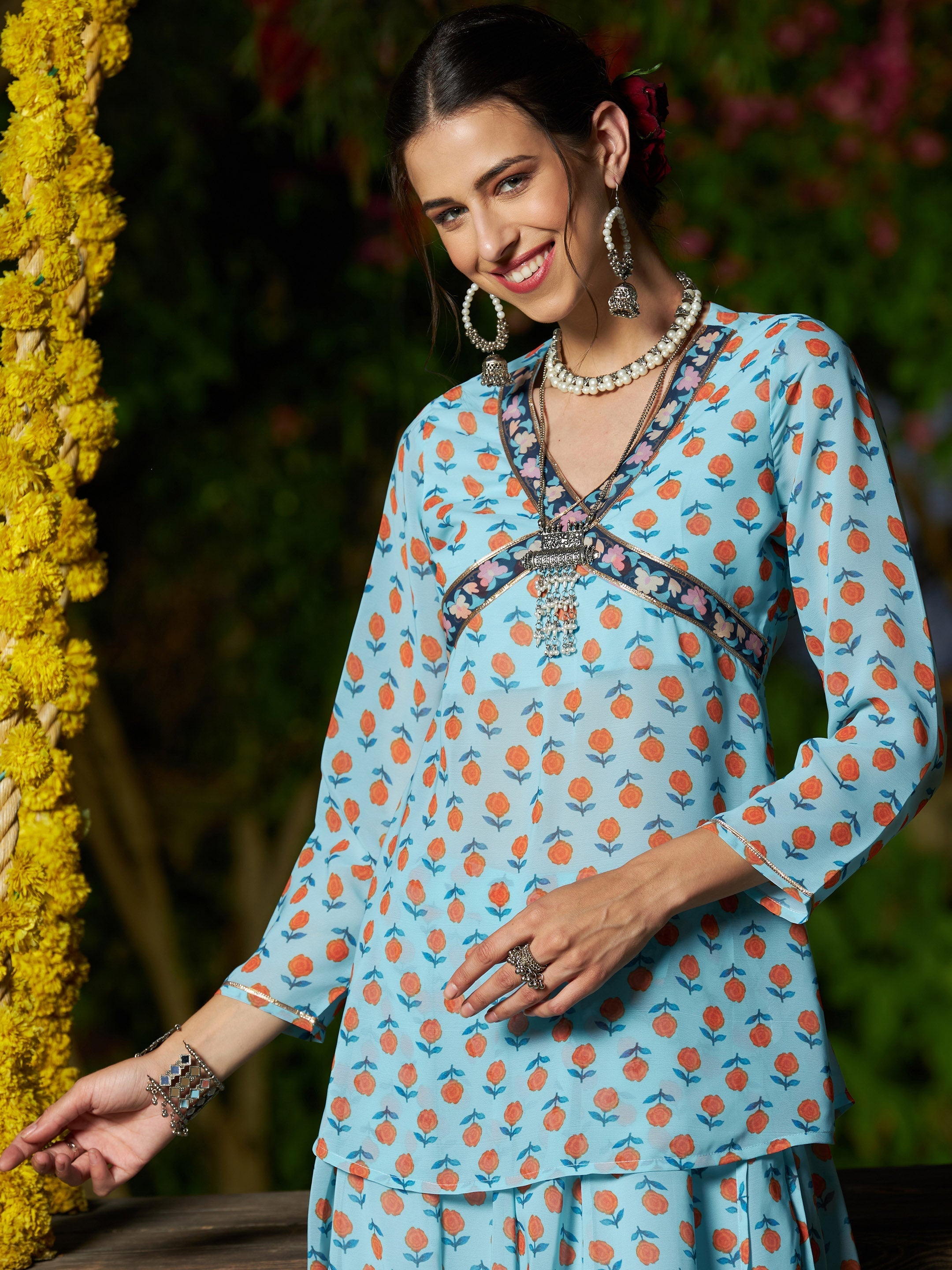 Women's Blue Floral Peplum Top With Anarkali Skirt - SASSAFRAS