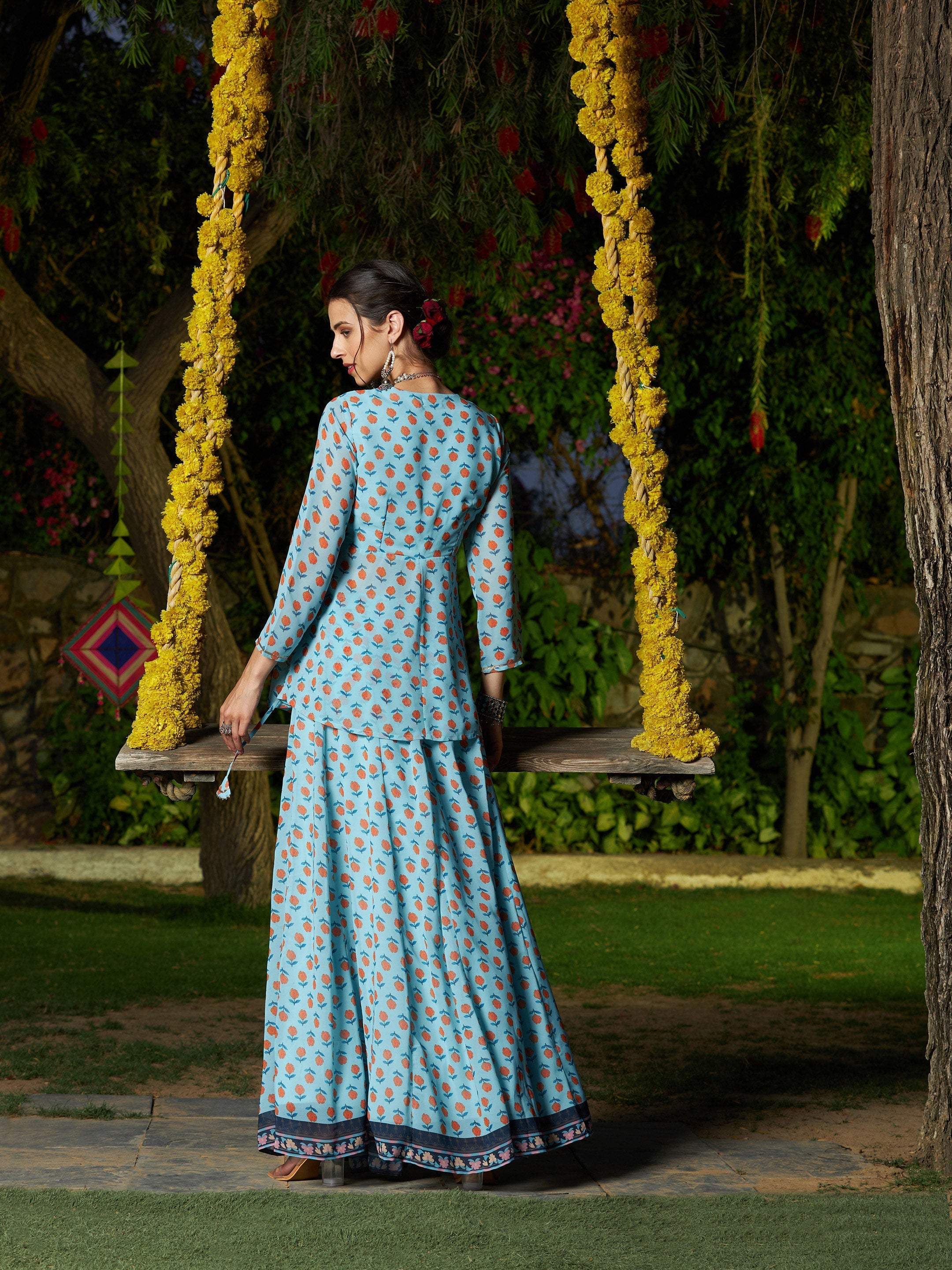 Women's Blue Floral Peplum Top With Anarkali Skirt - SASSAFRAS