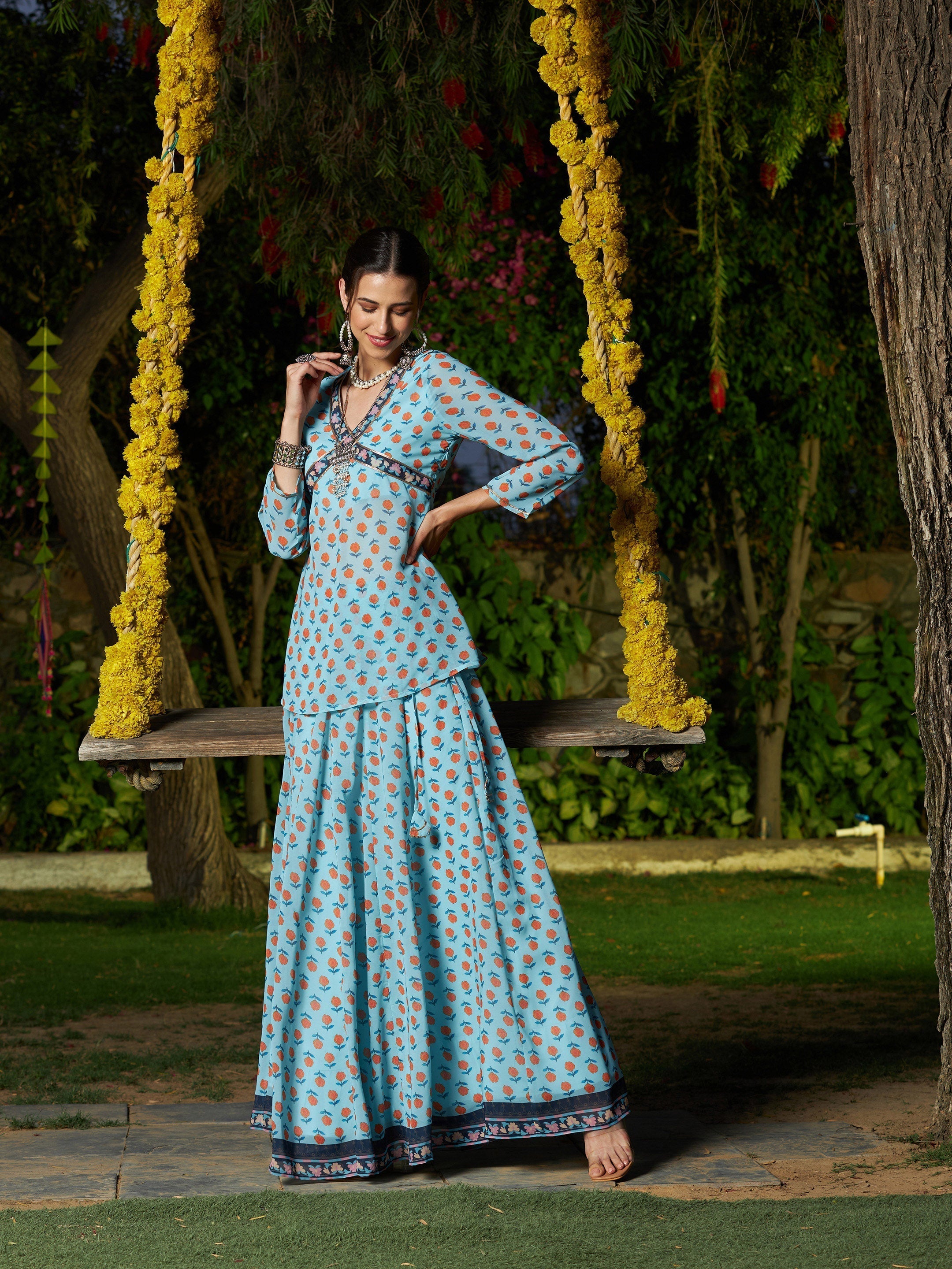 Women's Blue Floral Peplum Top With Anarkali Skirt - Lyush