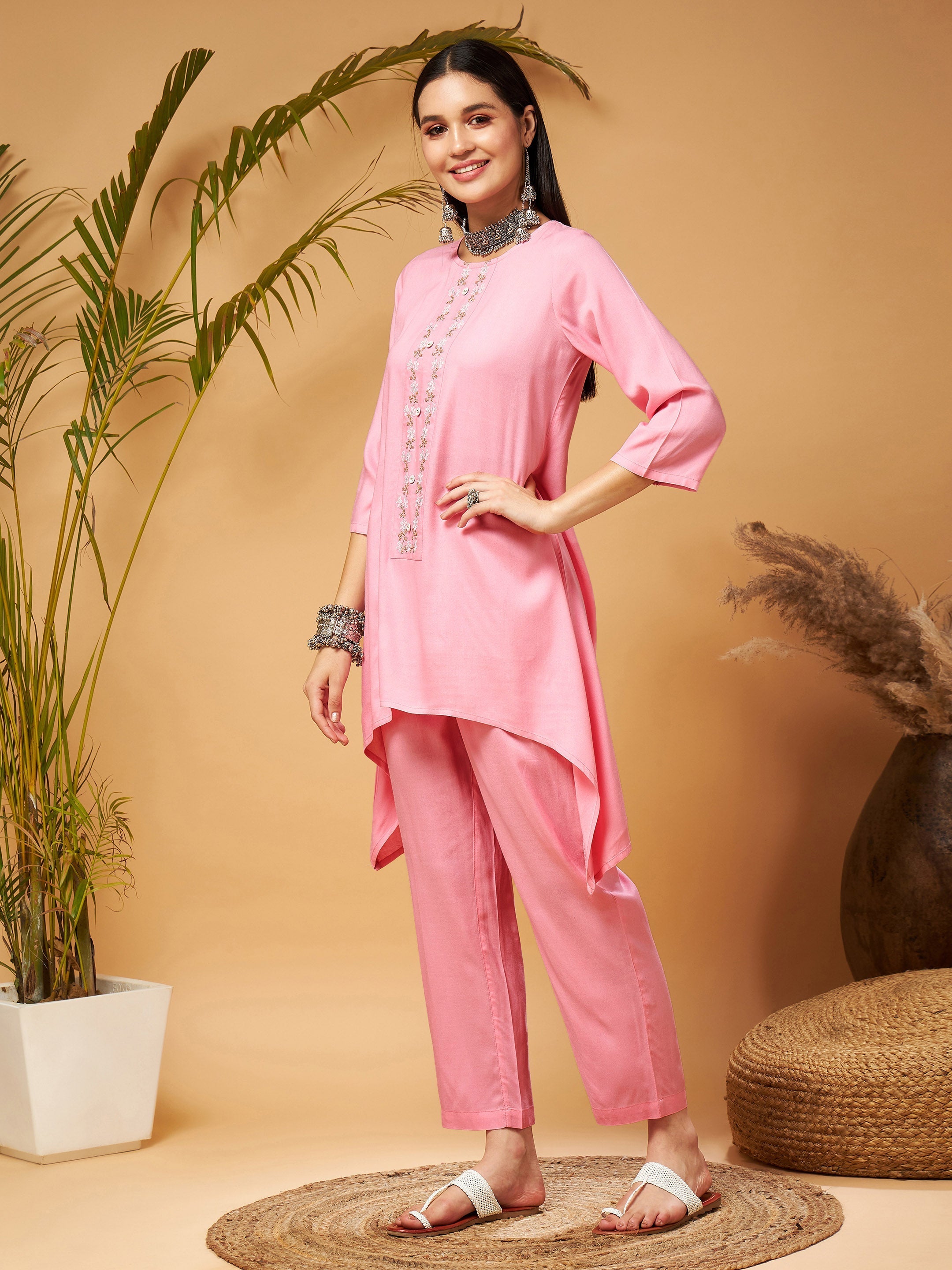 Women's Pink Embroidered High Low Kurta With Pants - Lyush