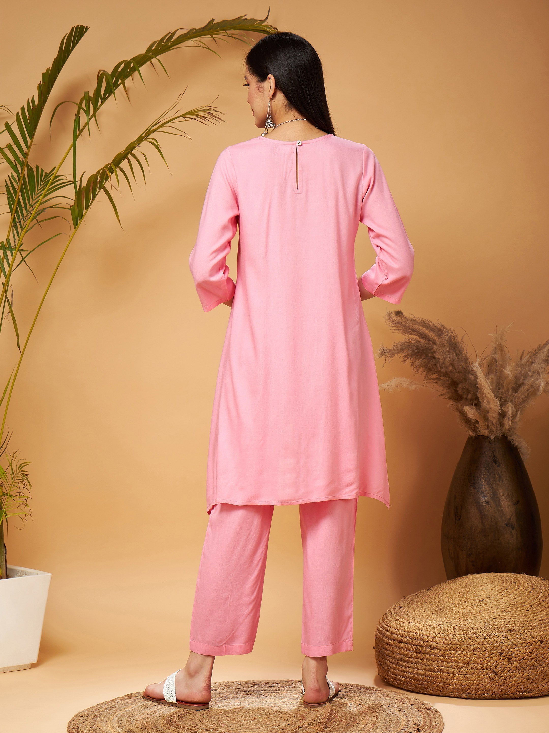 Women's Pink Embroidered High Low Kurta With Pants - Lyush