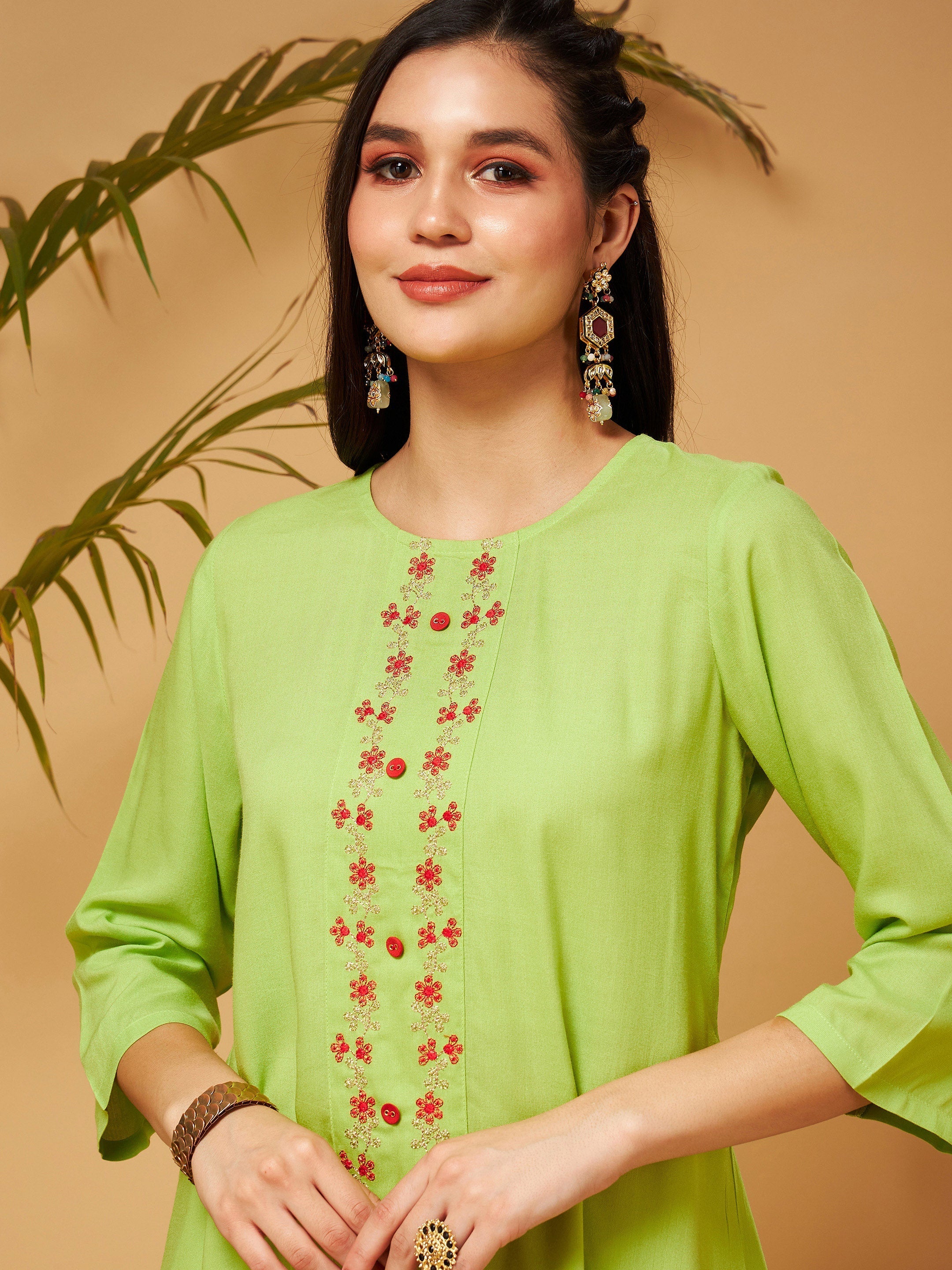 Women's Lime Green Embroidered High Low Kurta With Pants - Lyush