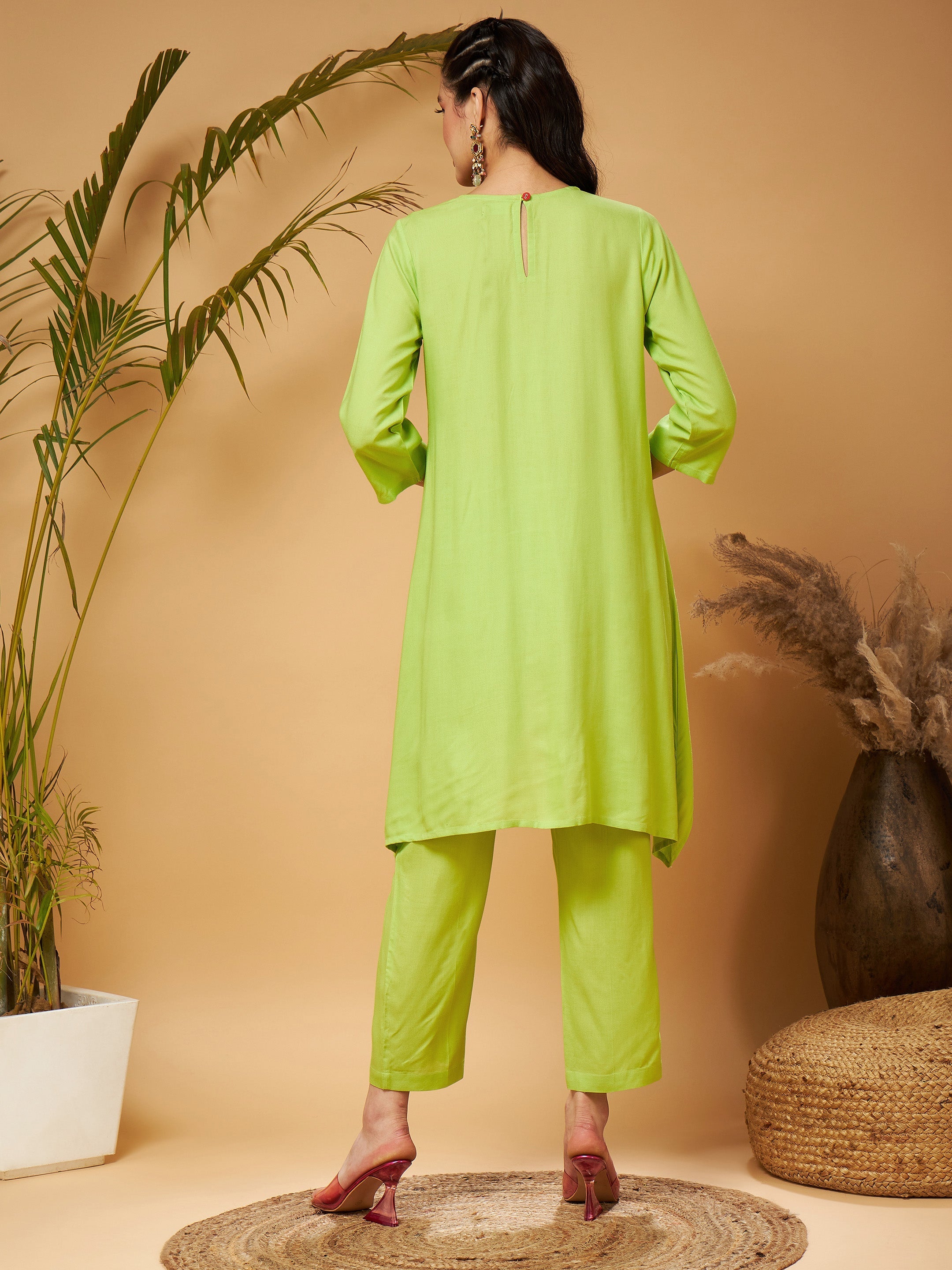 Women's Lime Green Embroidered High Low Kurta With Pants - Lyush