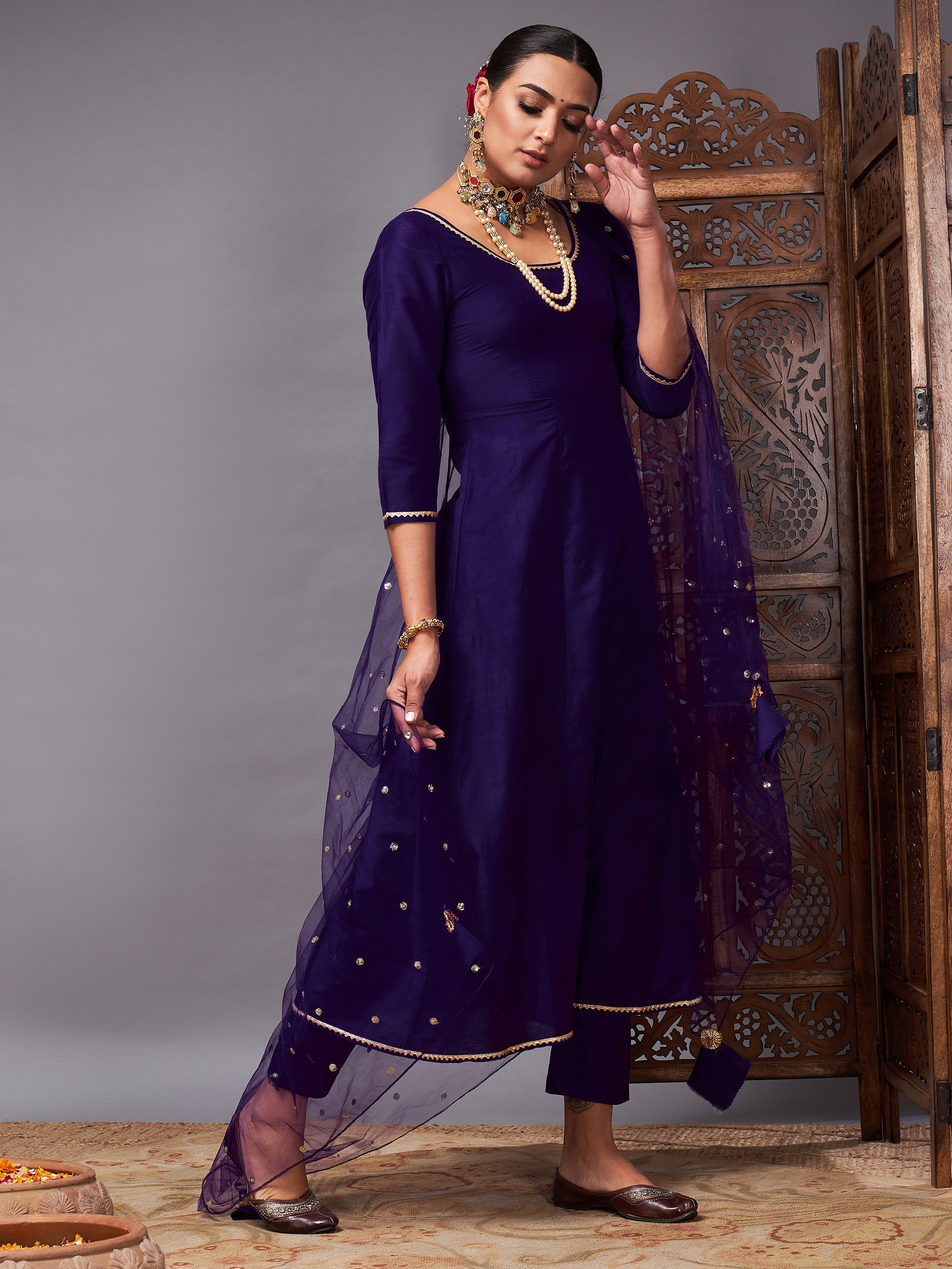 Women's Purple Kurta Set With Net Sequins Dupatta - Lyush