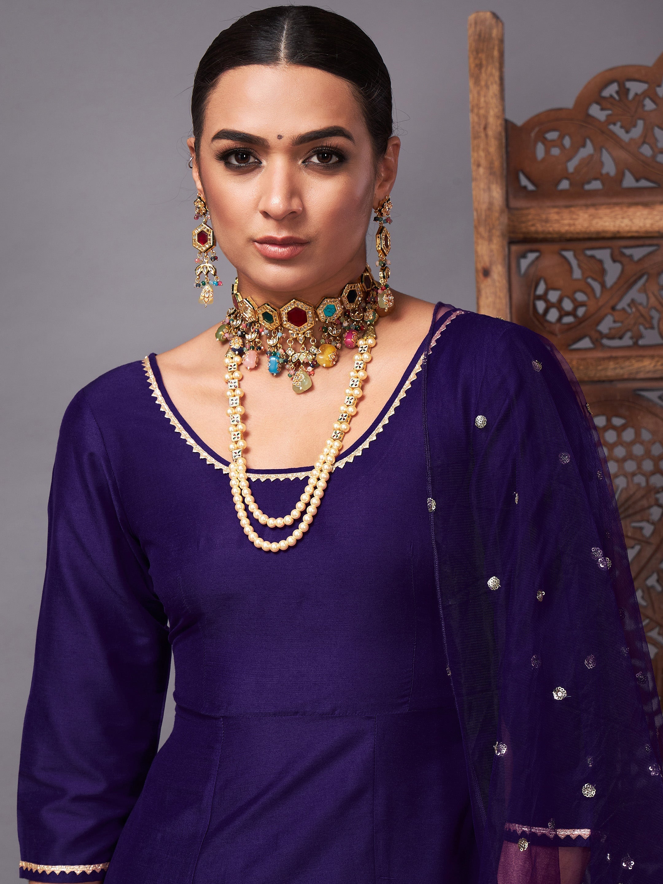 Women's Purple Kurta Set With Net Sequins Dupatta - Lyush