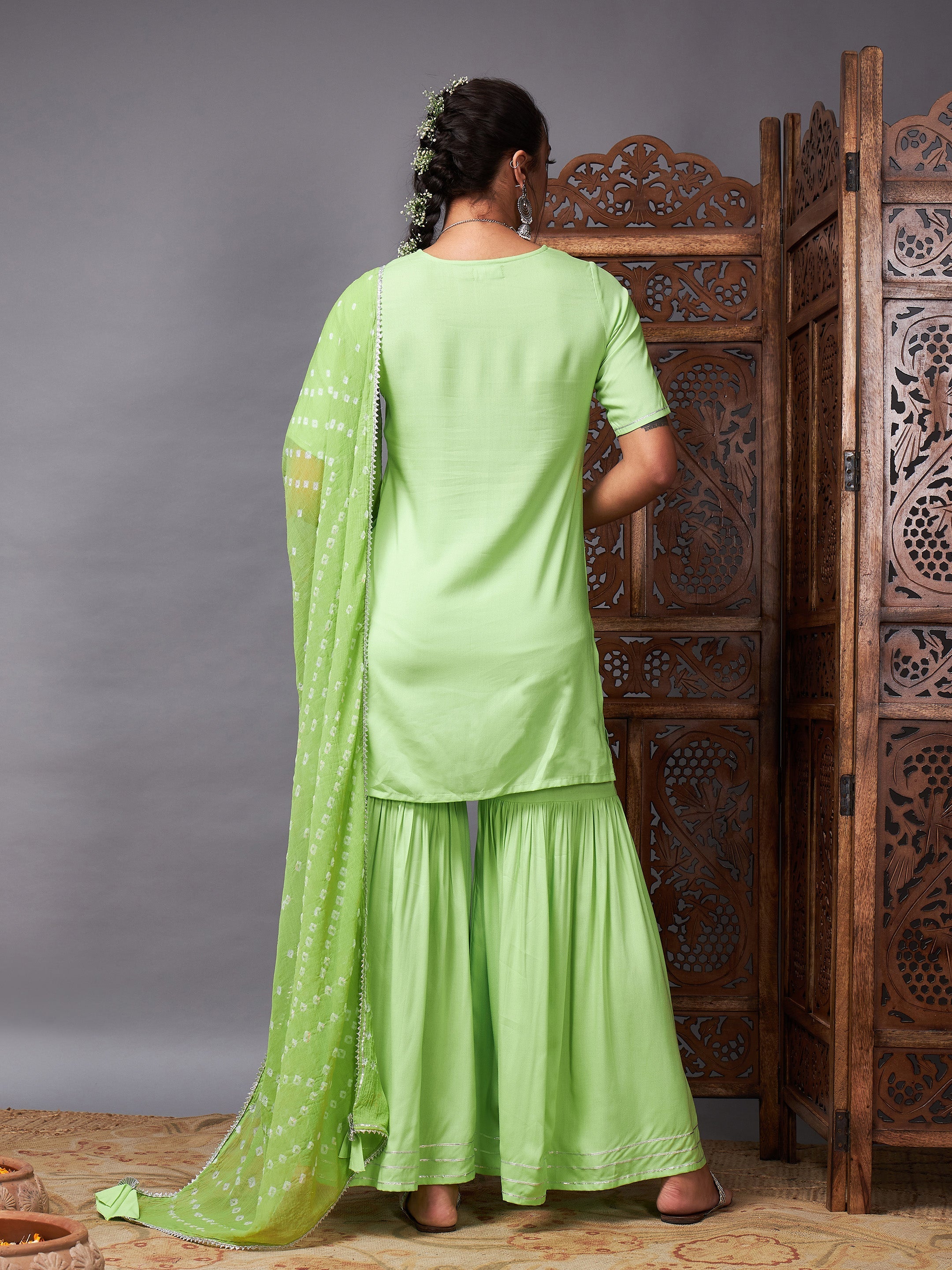 Women's Green Short Kurta With Sharara & Bandhej Dupatta - Lyush