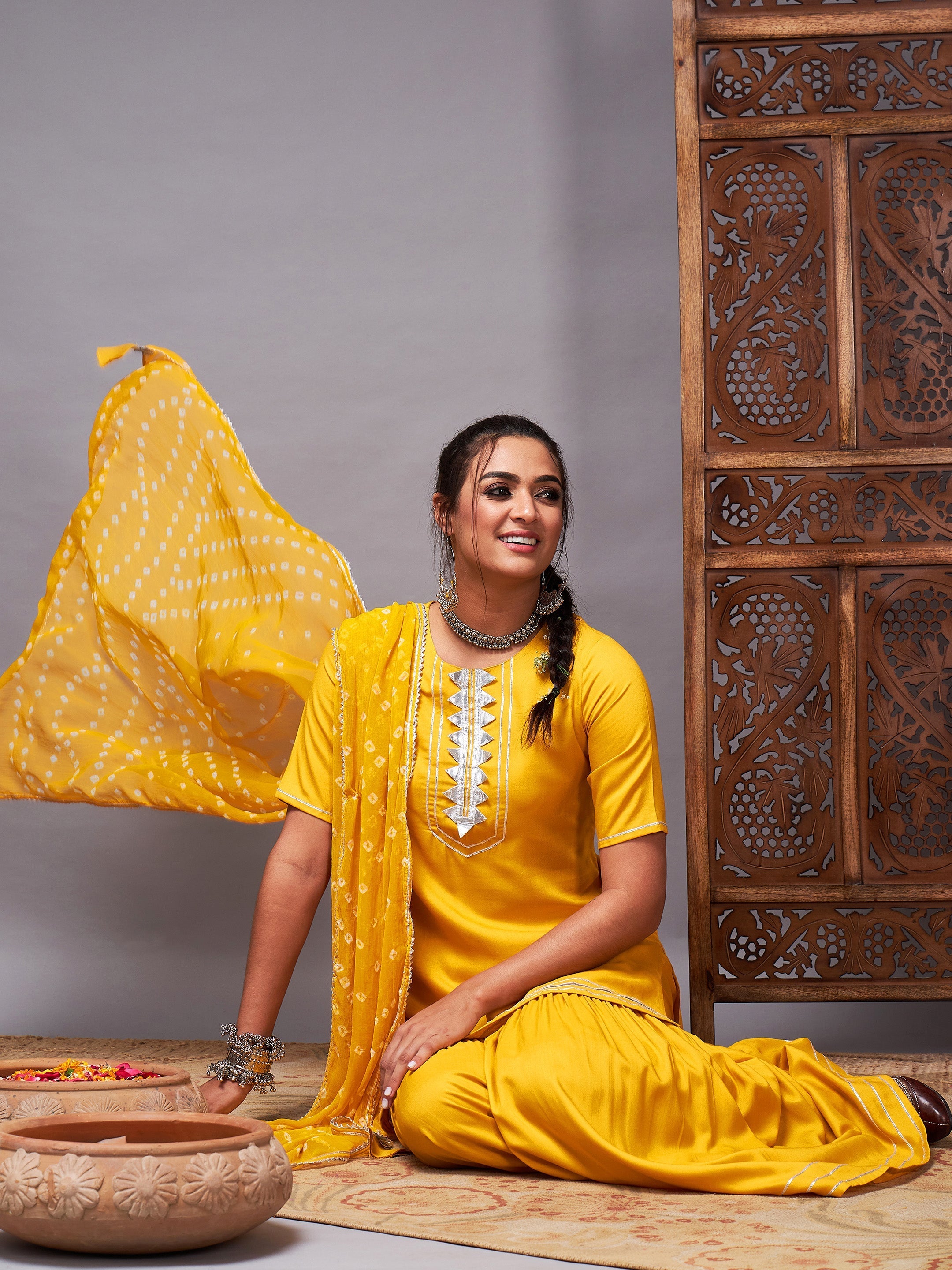 Women's Mustard Short Kurta With Sharara & Bandhej Dupatta - Lyush