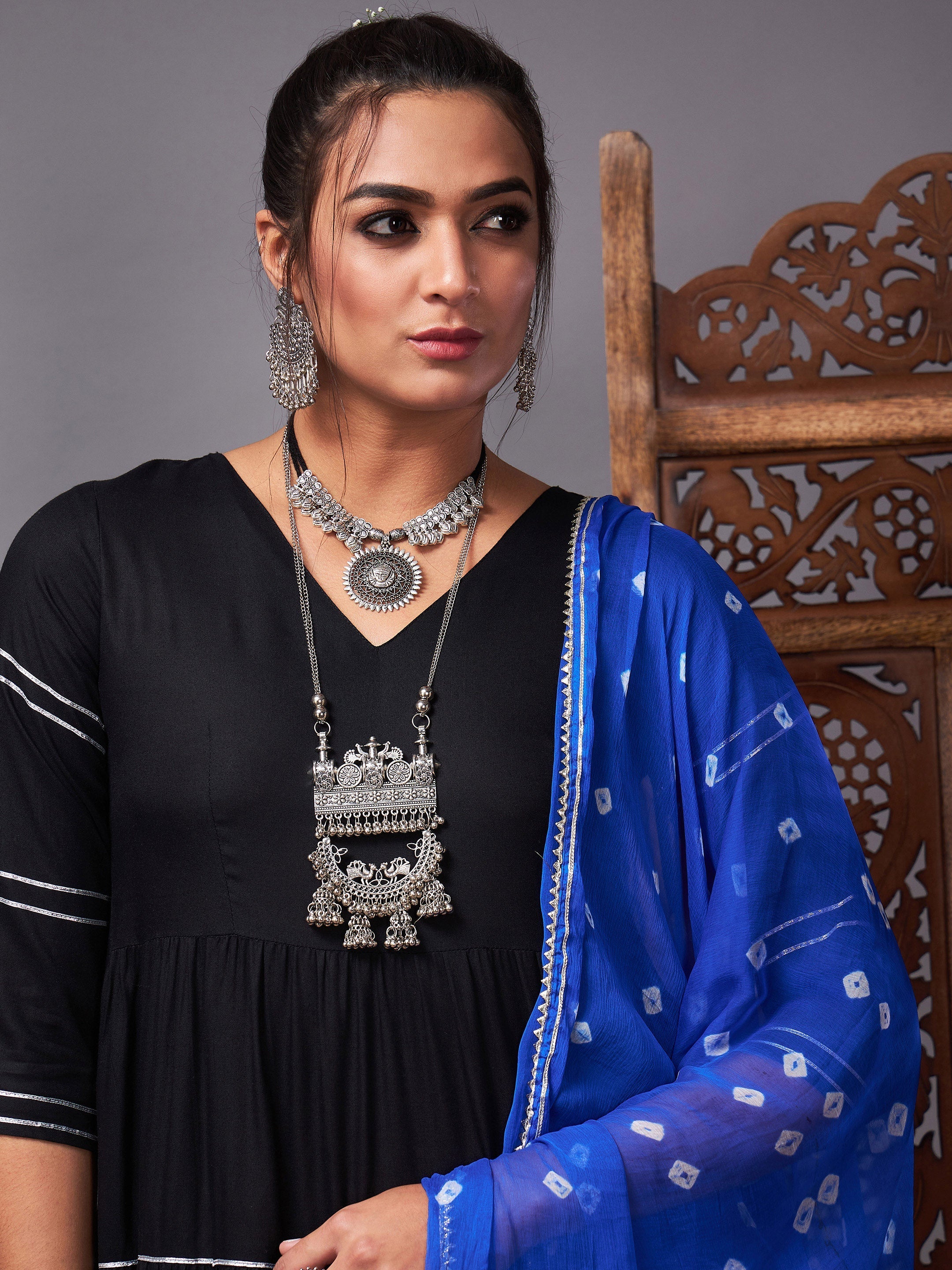 Women's Black Tiered Kurta Set With Blue Bandhej Dupatta - Lyush
