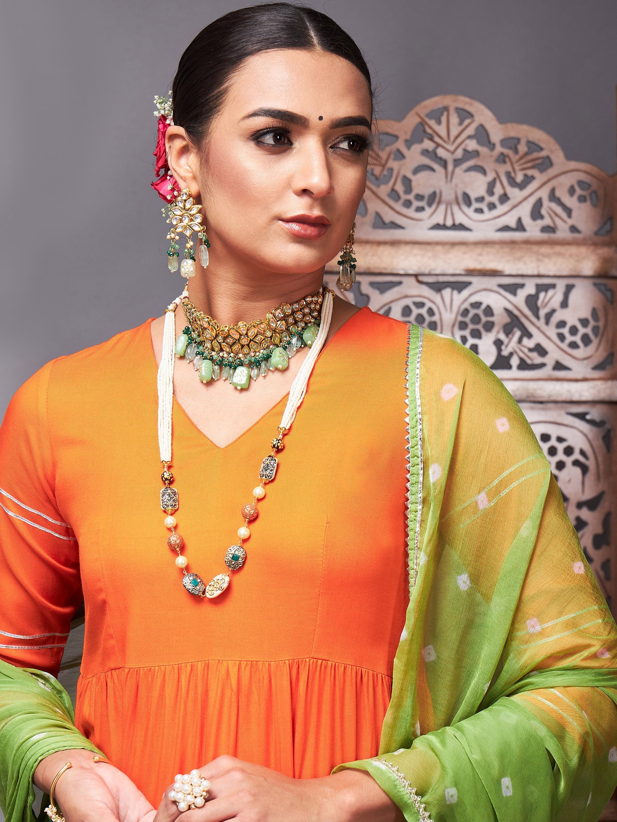 Women's Orange Tiered Kurta Set With Green Bandhej Dupatta - Lyush