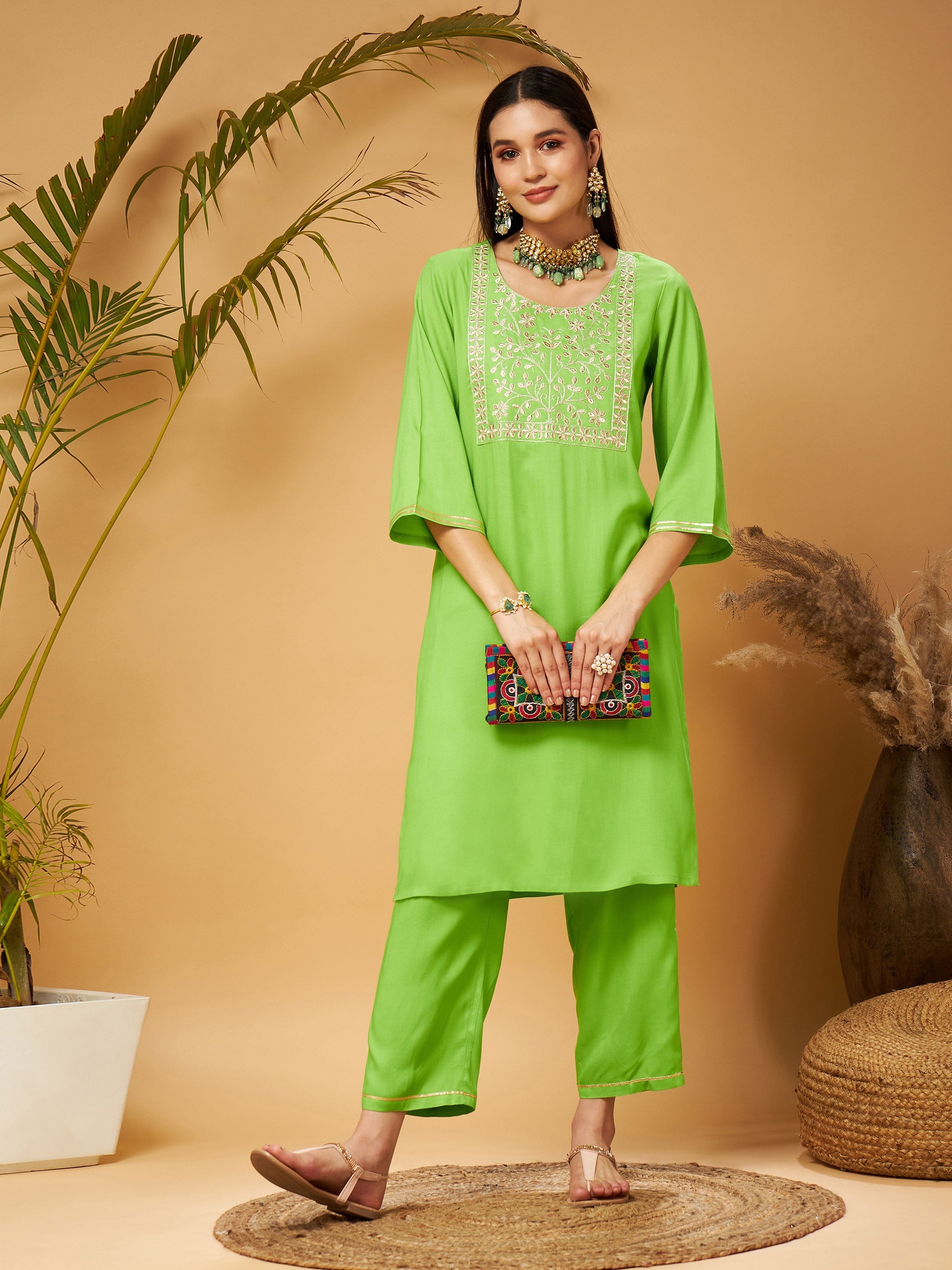 Women's Green Gota Embroidered Kurta with Pants - Lyush