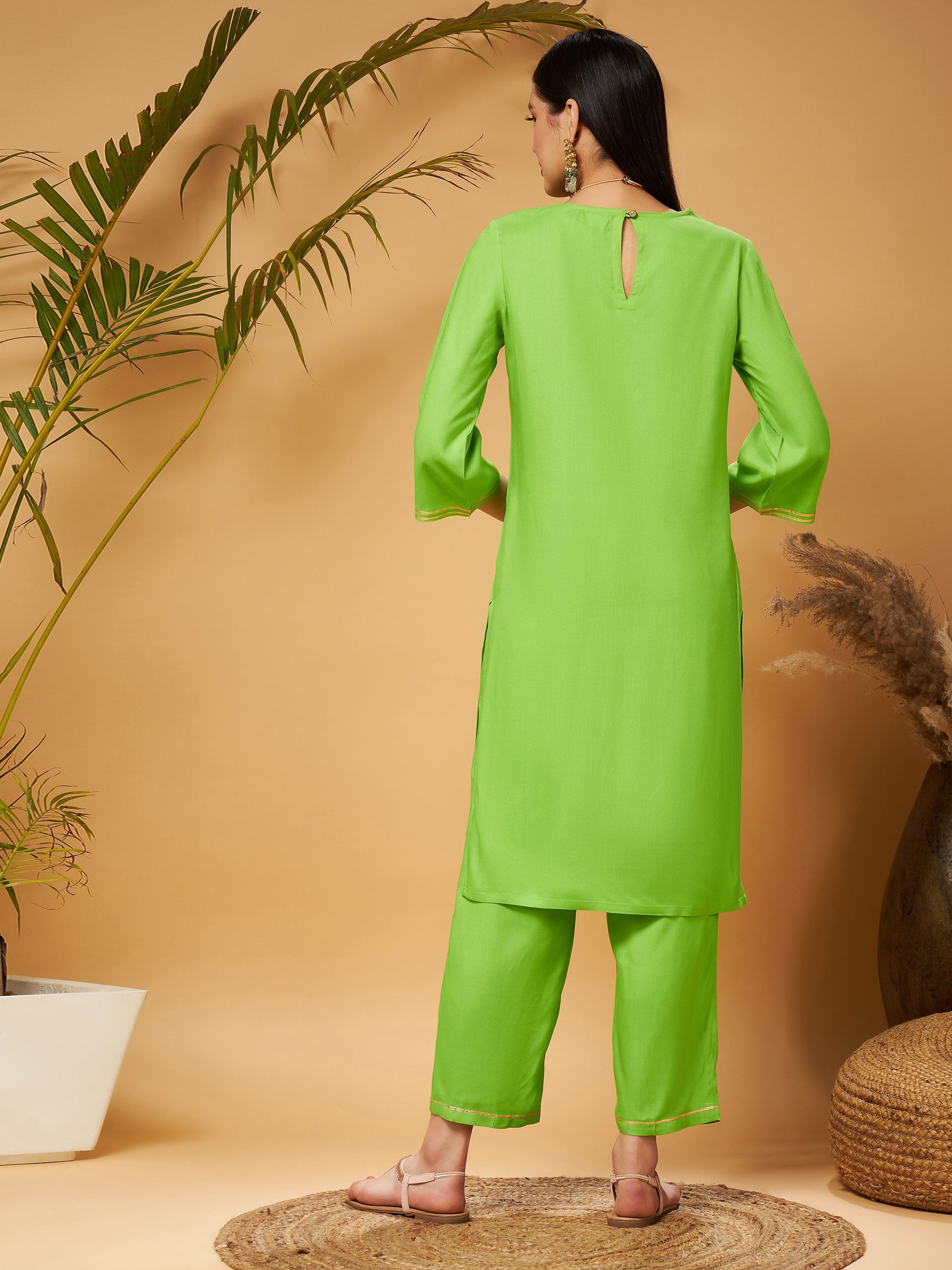 Women's Green Gota Embroidered Kurta with Pants - Lyush