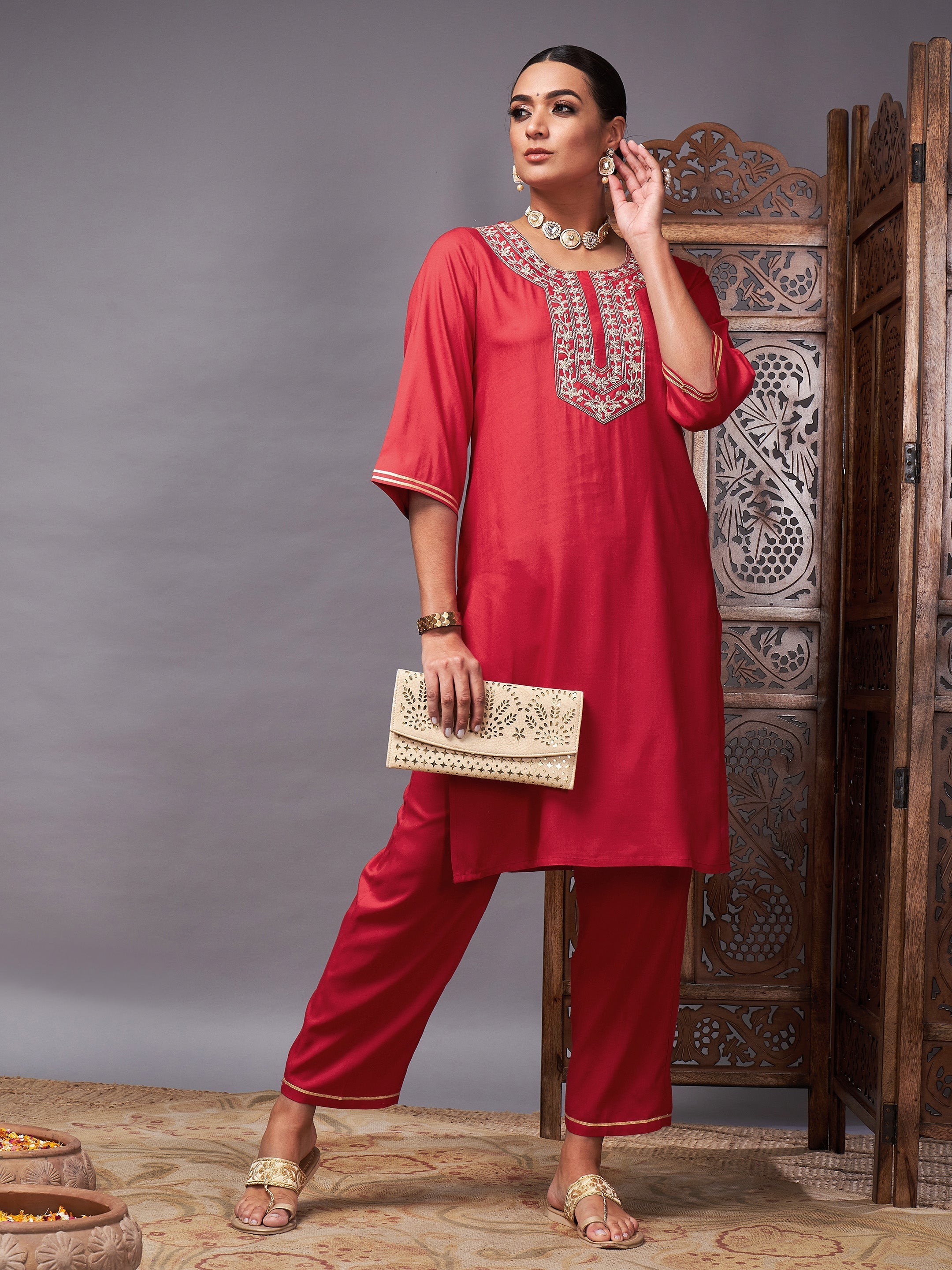Women's Red Gota Embroidered Kurta with Pants - Lyush