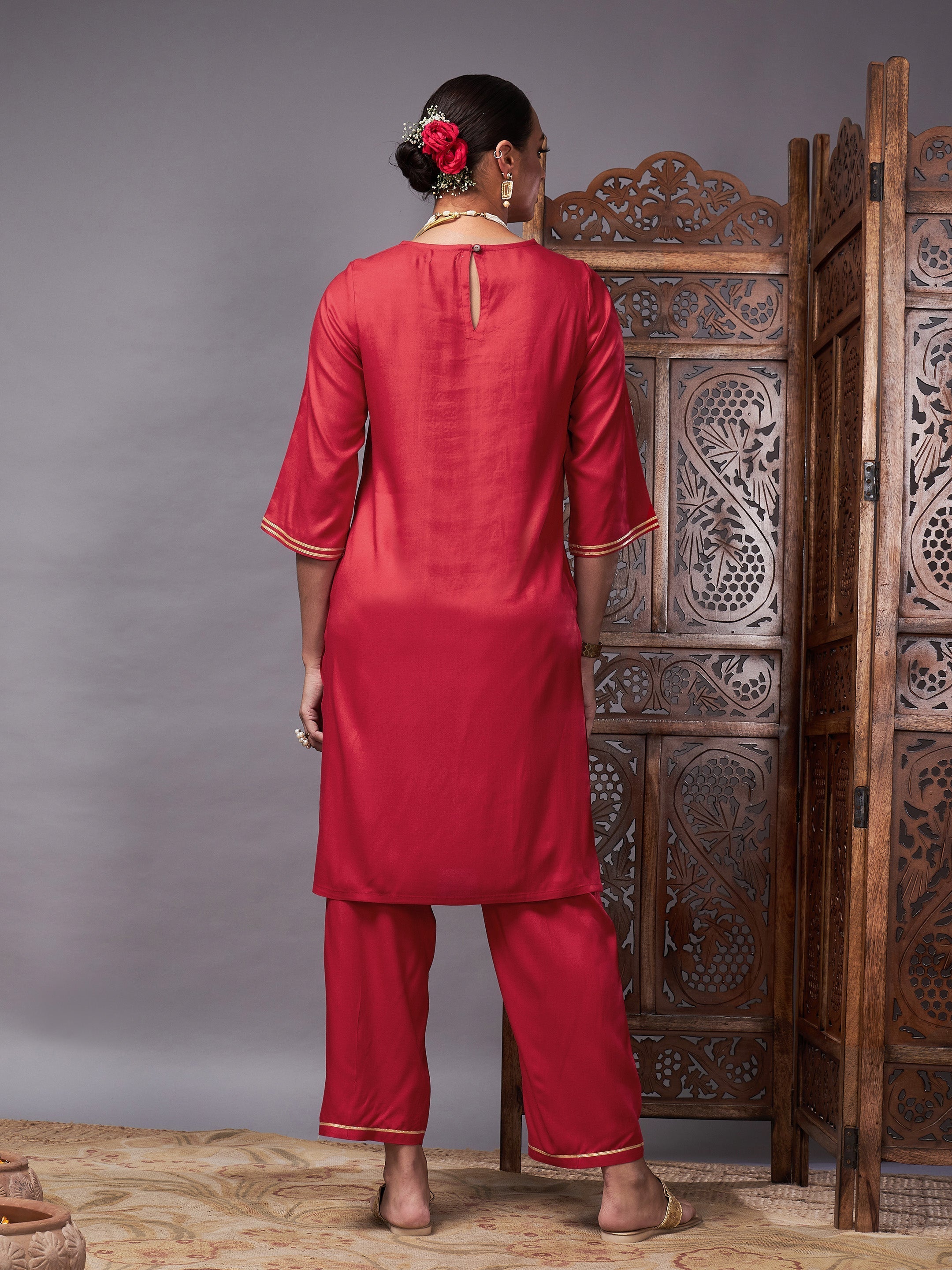 Women's Red Gota Embroidered Kurta with Pants - Lyush
