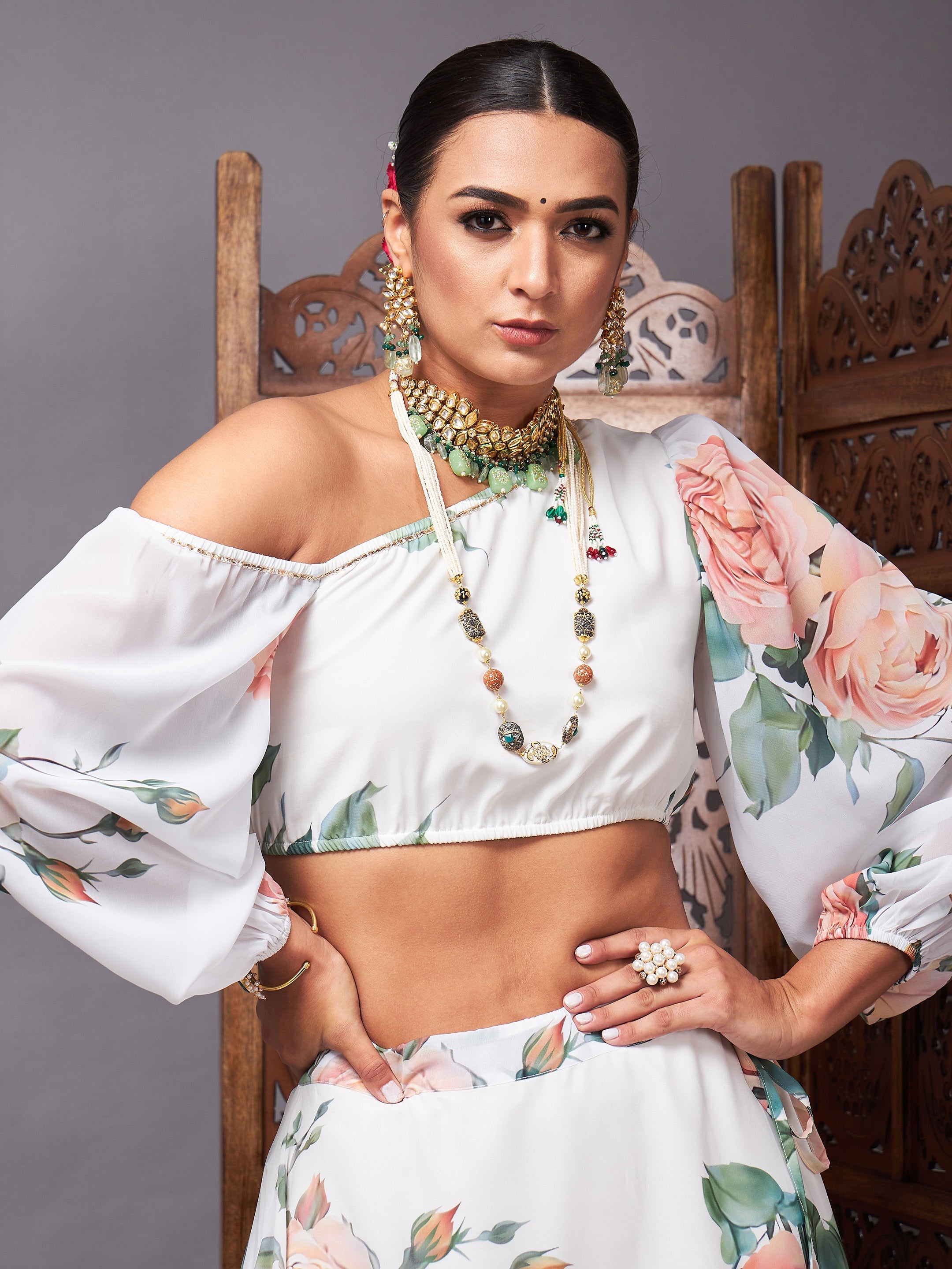 Women's White Floral One Shoulder Crop Top With Anarkali Skirt - Lyush