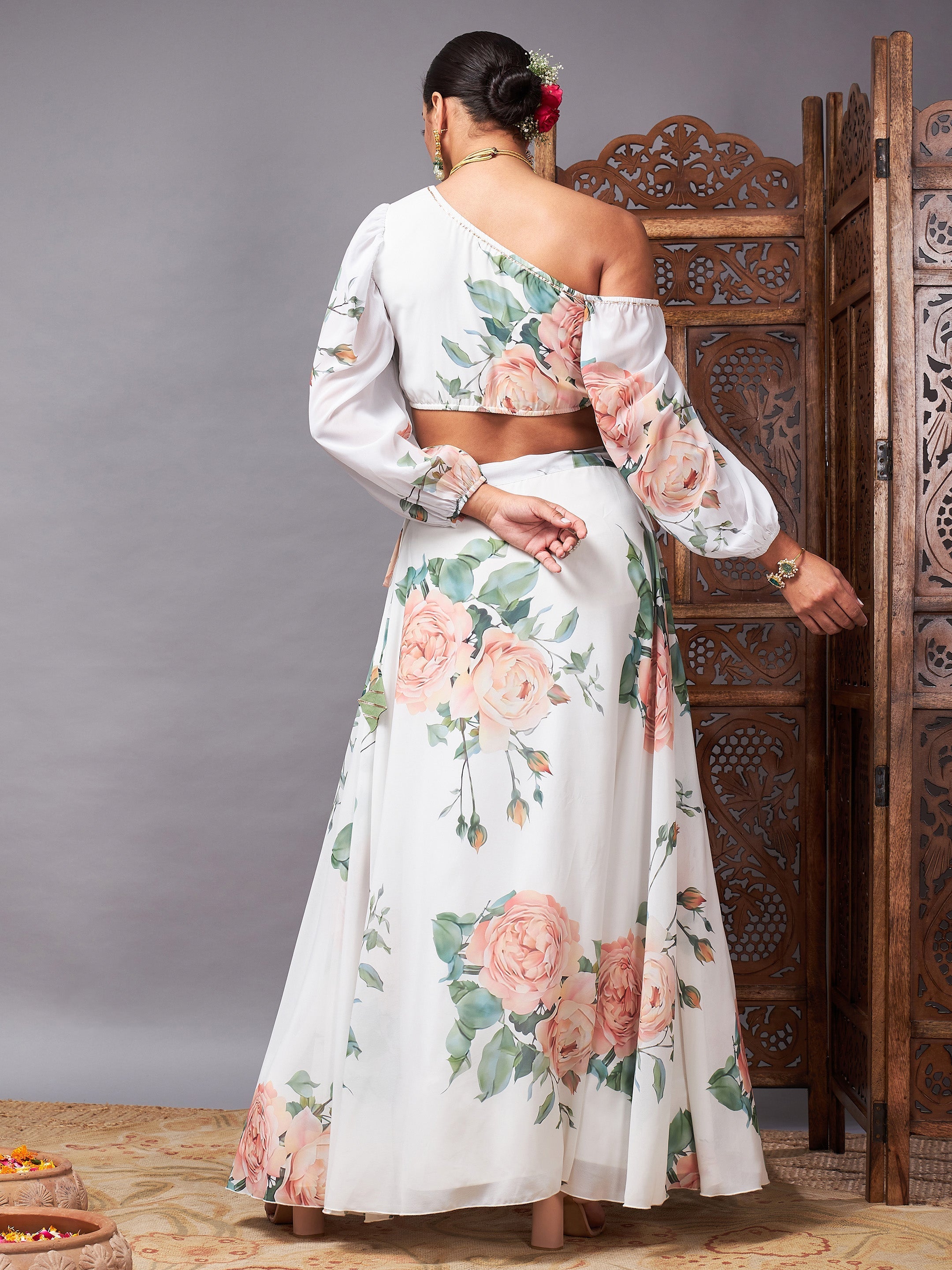 Women's White Floral One Shoulder Crop Top With Anarkali Skirt - Lyush