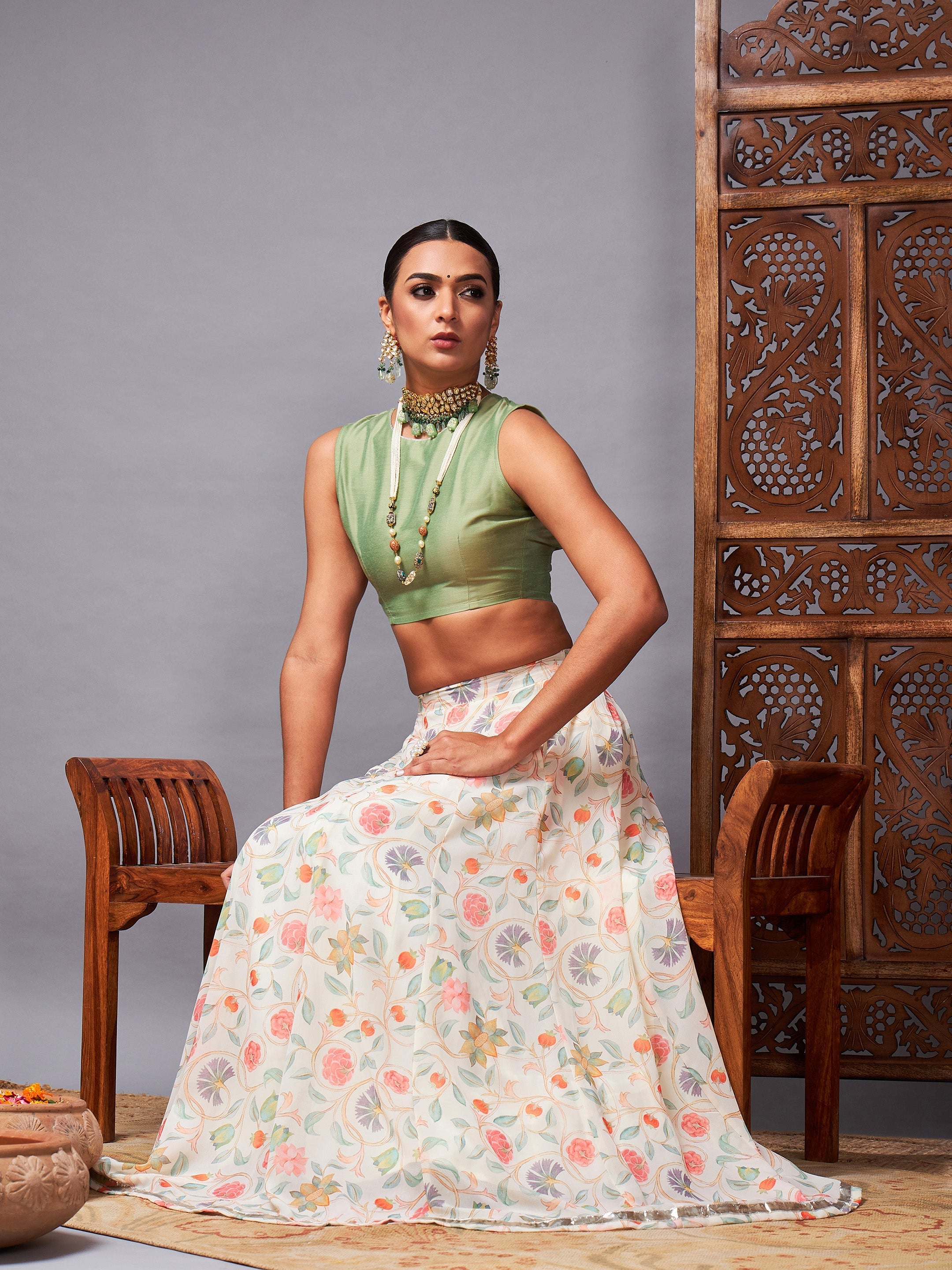Women's Green Crop Top With Beige Floral Anarkali Skirt - Lyush