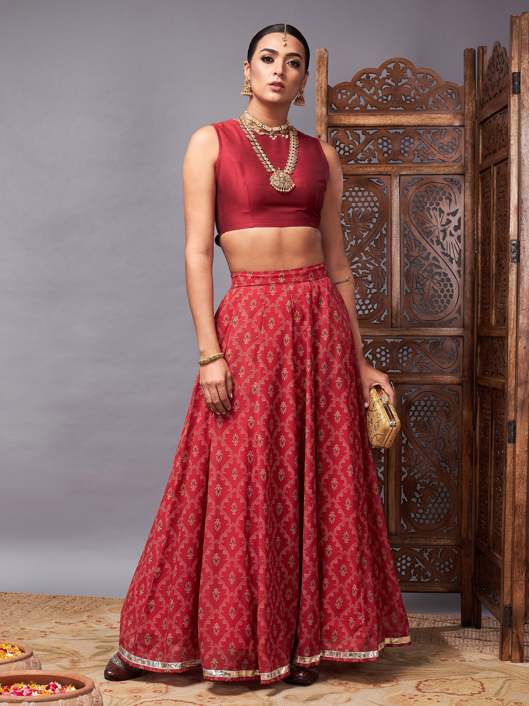 Women's Maroon Crop Top With Pocket Anarkali Skirt - Lyush
