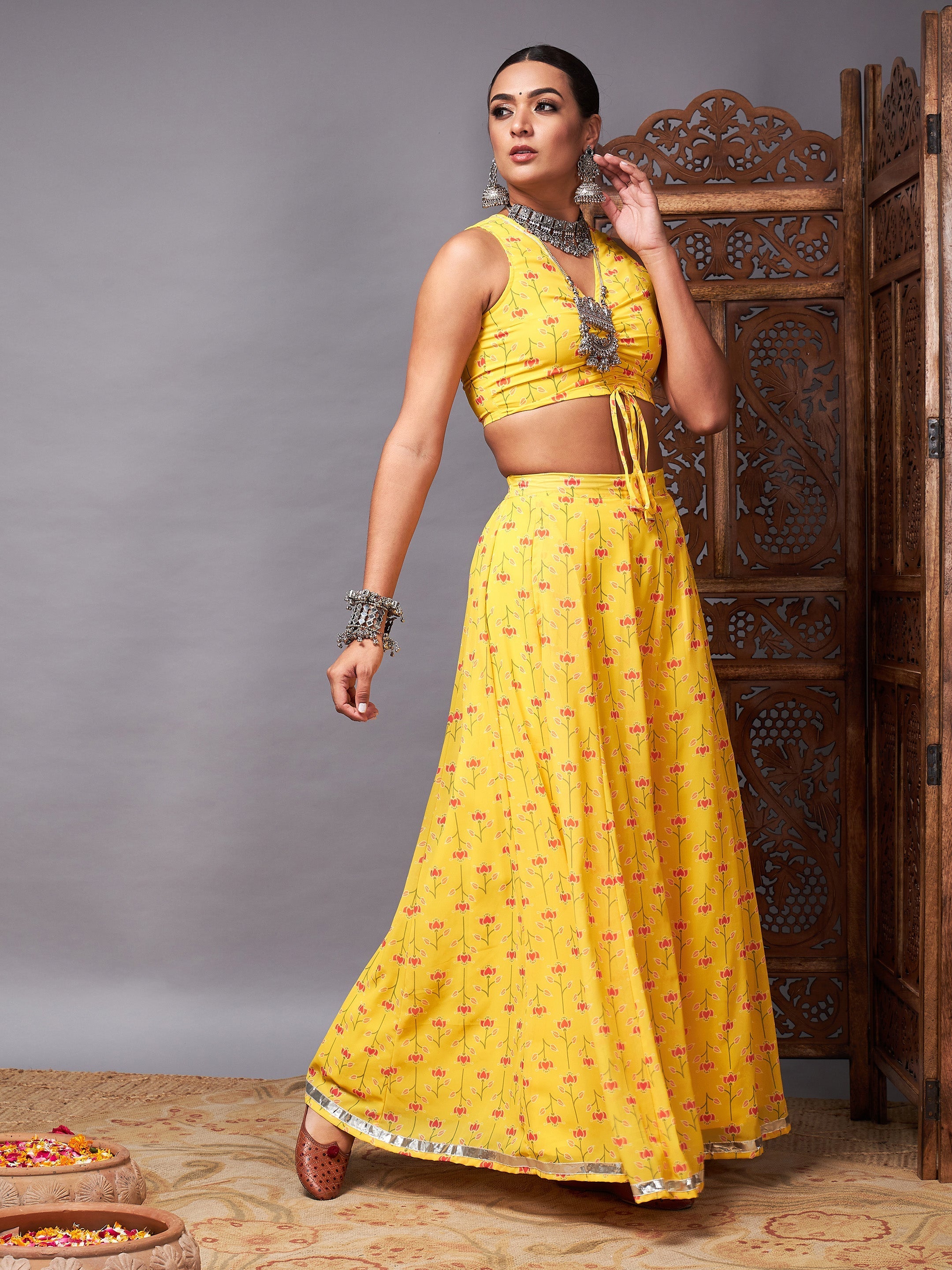 Women's Yellow Ruched Crop With Pocket Anarkali Skirt - Lyush
