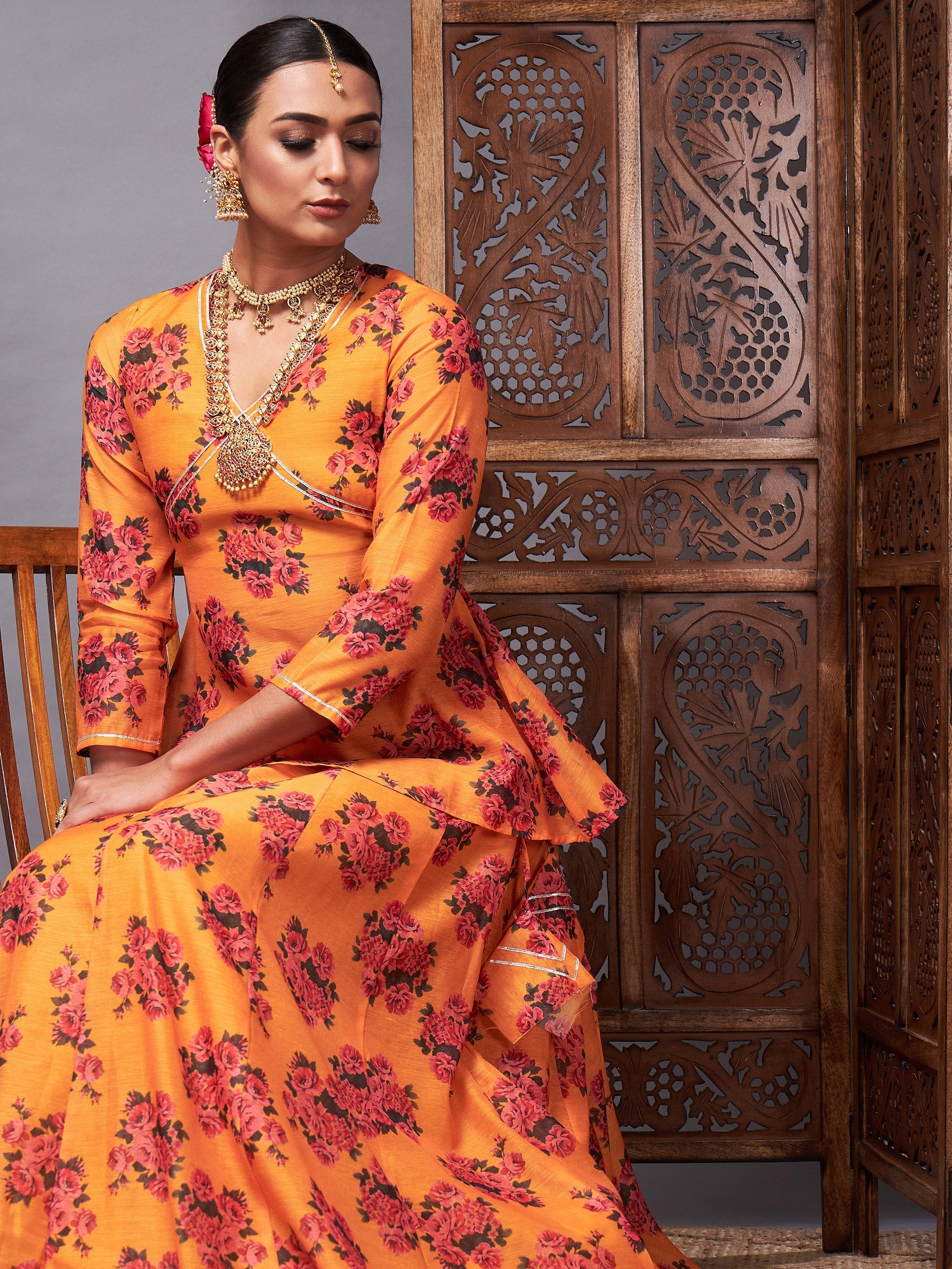 Women's Mustard Floral Peplum Top With Anarkali Skirt - Lyush