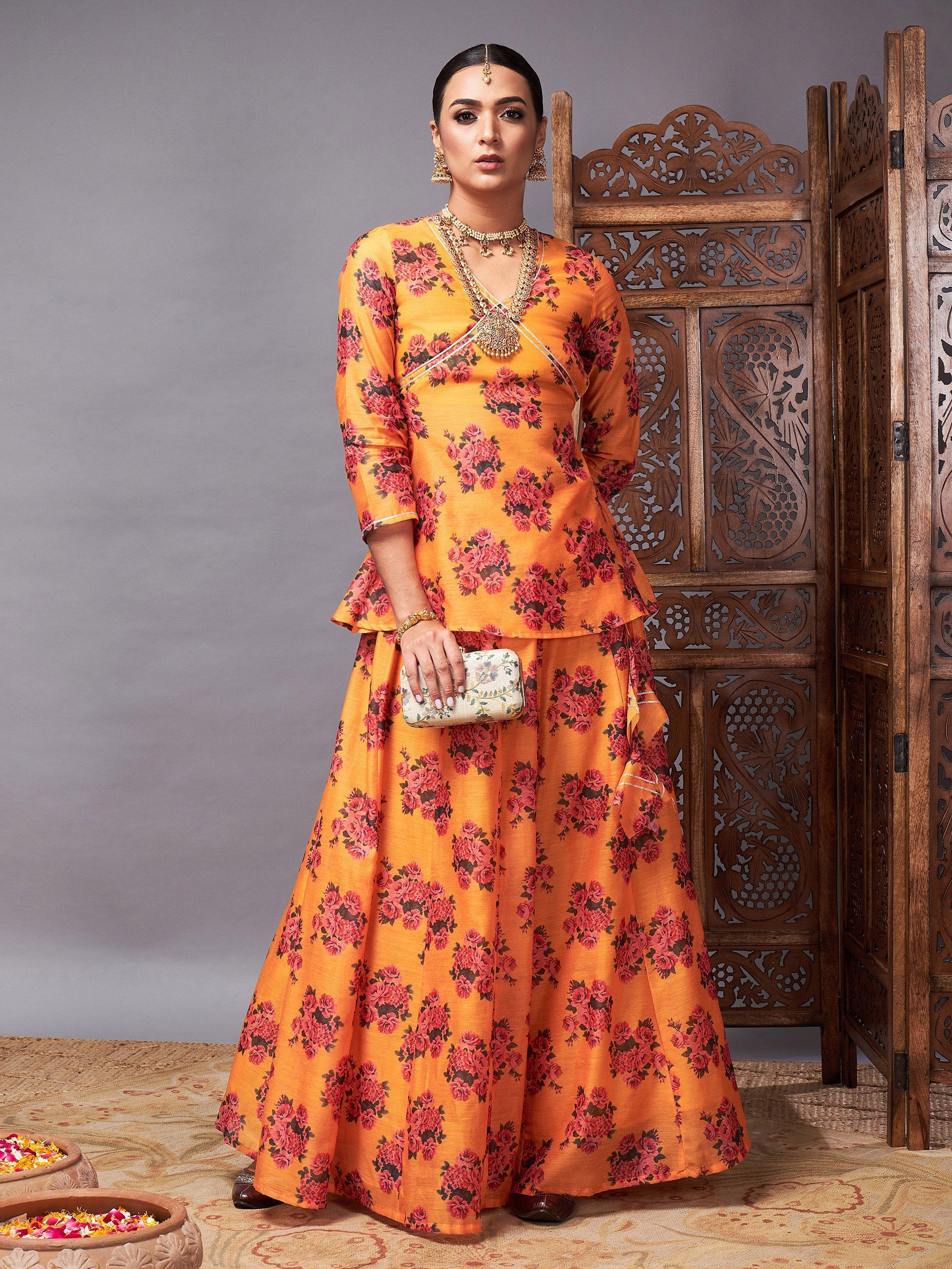Women's Mustard Floral Peplum Top With Anarkali Skirt - Lyush